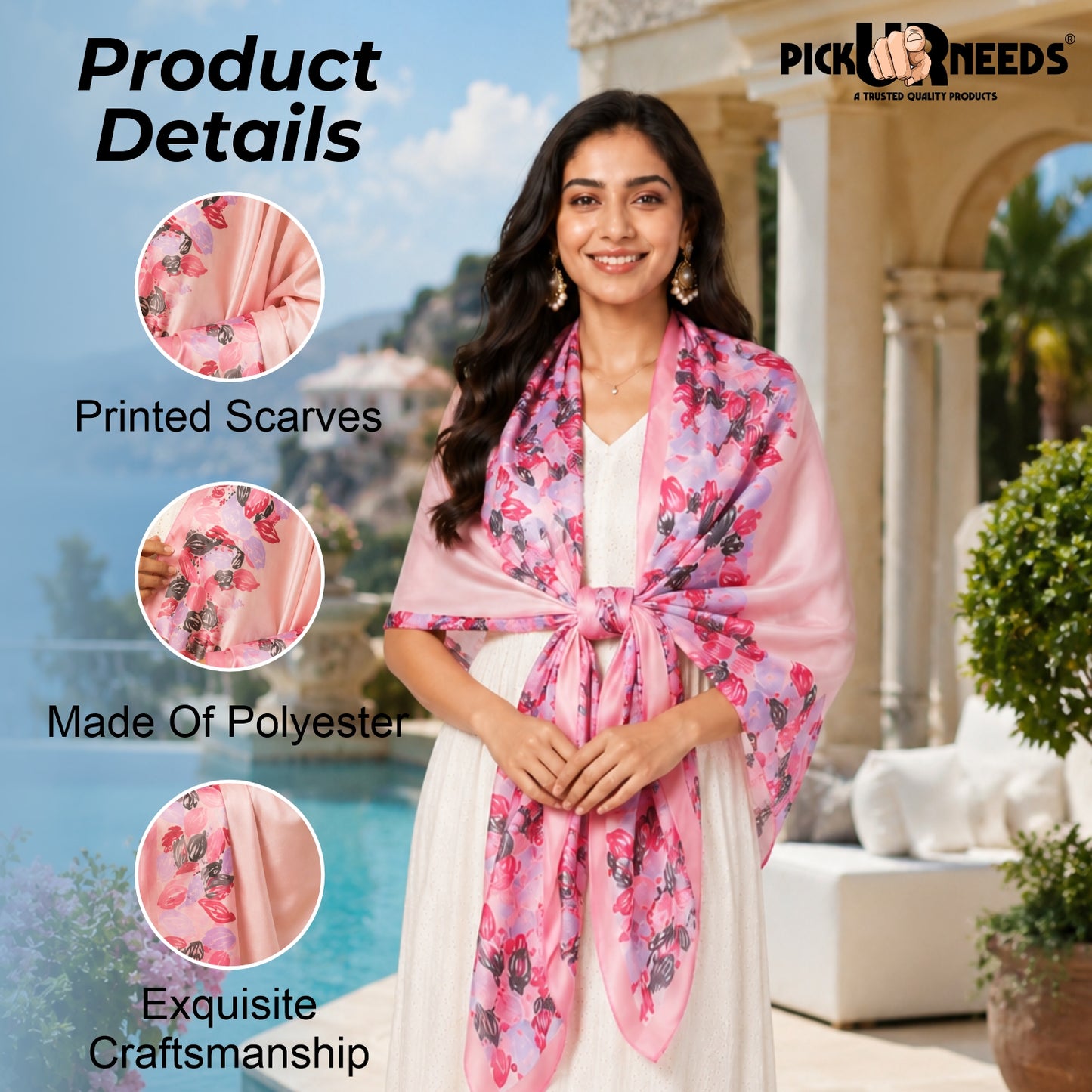 Pick Ur Needs Premium Satin Silk Feel Rectangle Scarf for Womens & Girls Floral Printed Long Fashion Stall Soft Lightweight Neck, Head & Shoulder Wrap