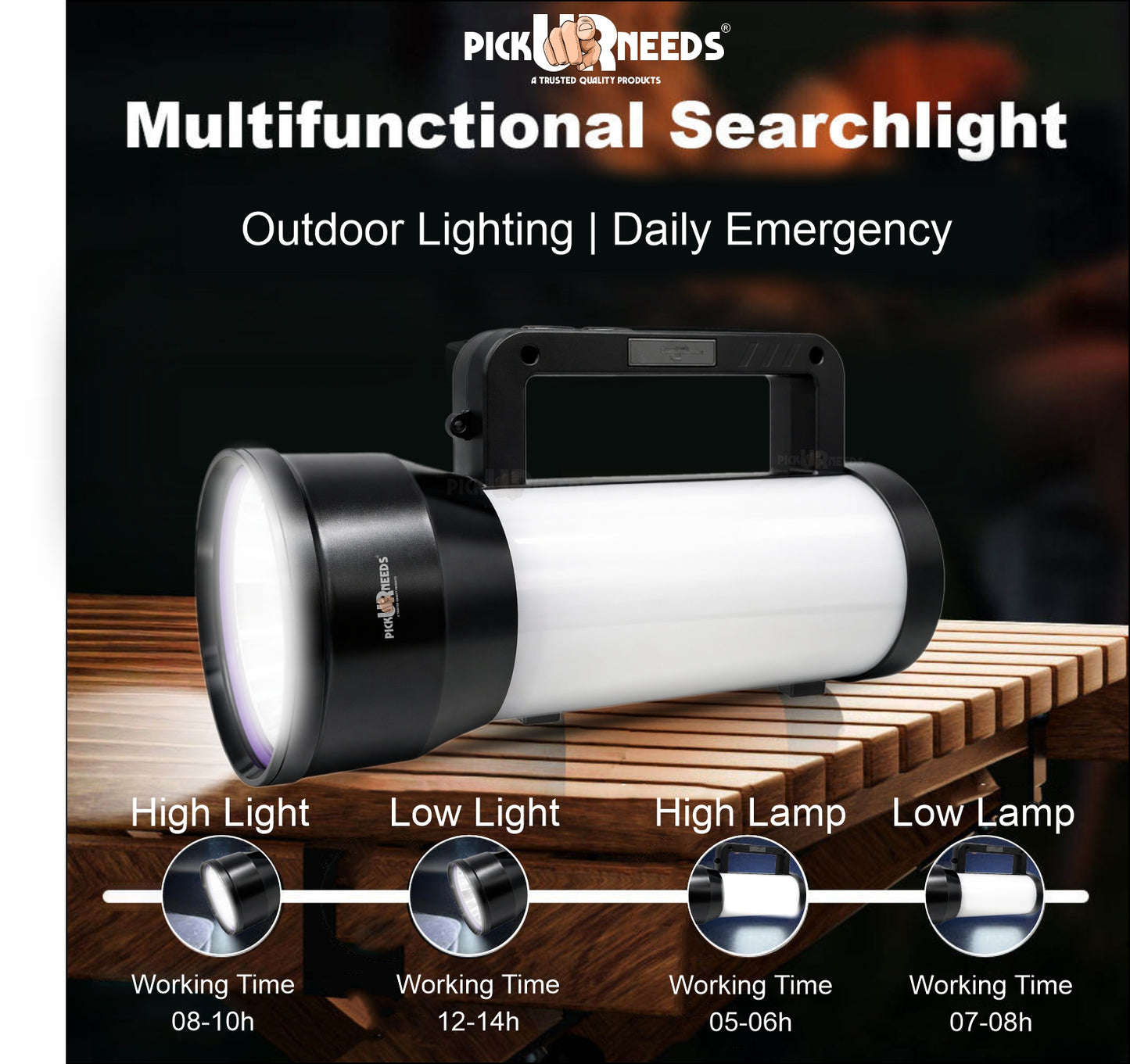 Pick Ur Needs 200W Rechargeable Emergency LED Long Range Distance Search Torch Light with 3600mAh Battery, Type-C Fast Charging Dual Mode Front & Side Light