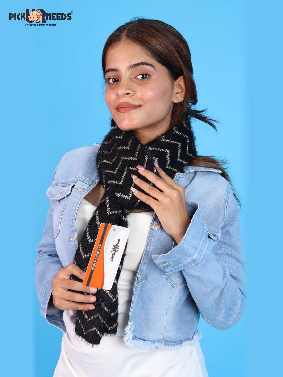 Pick Ur Needs Premium Woolen Winter Muffler with Gold Zigzag Pattern | Soft, Warm & Stylish Scarf for Women