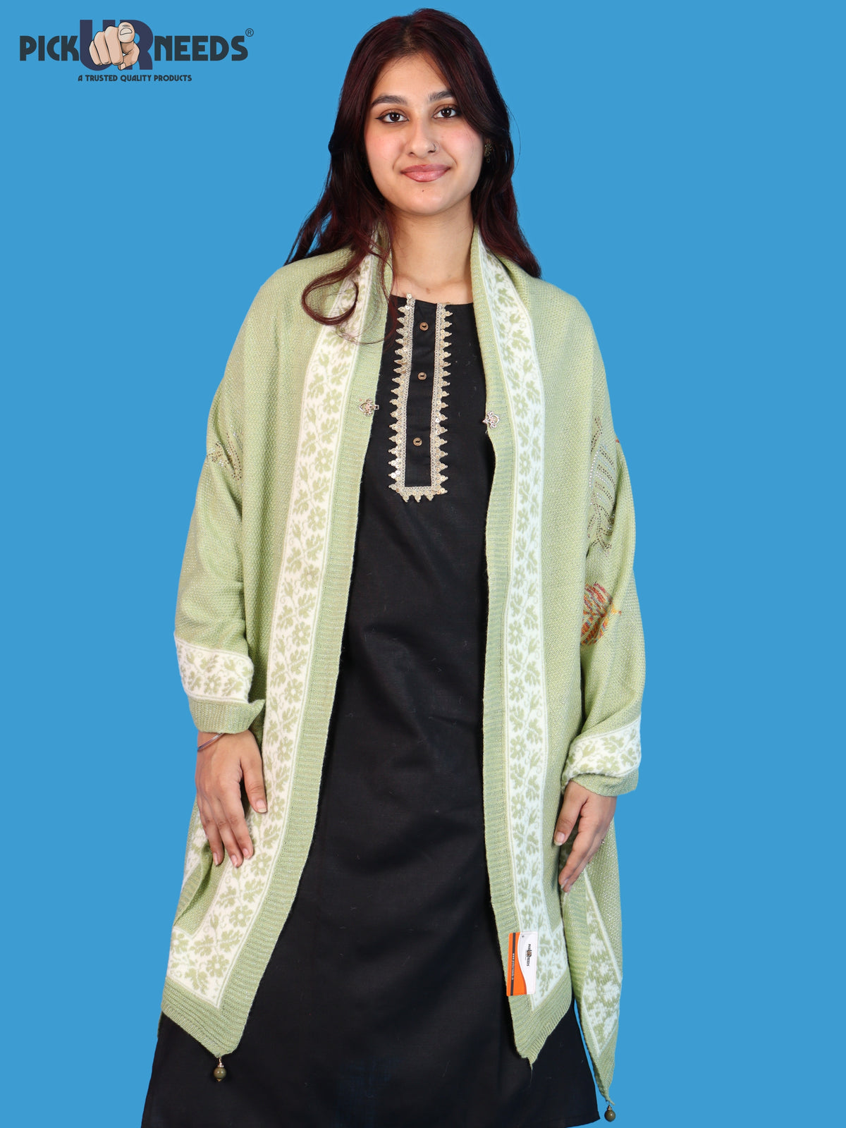 Pick Ur Needs Girls & Womens Winter Soft Lightweight Knitted Shawl with Leaf Design, Floral Border & Decorative Tassels