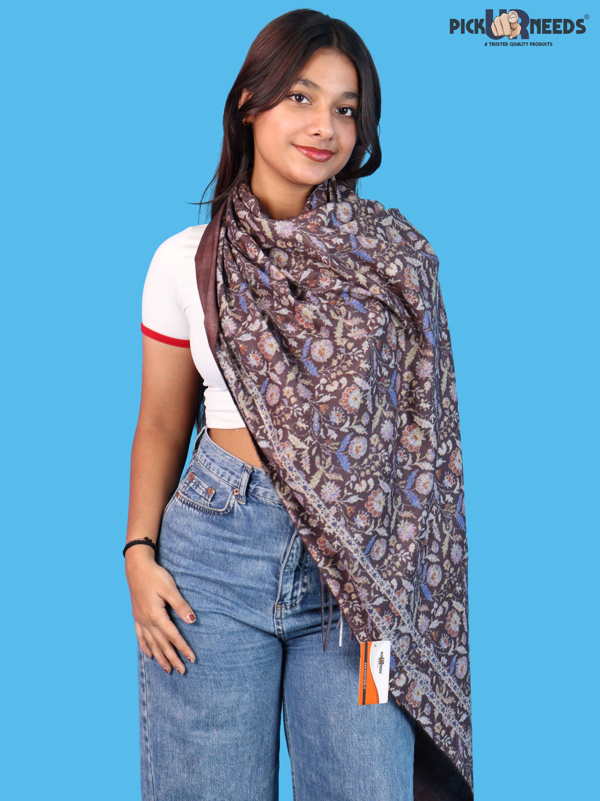 Pick Ur Needs Women & Girls Soft Woolen Shawl Elegant Floral Design Winter Neck Scarf with Decorative Border & Fringes