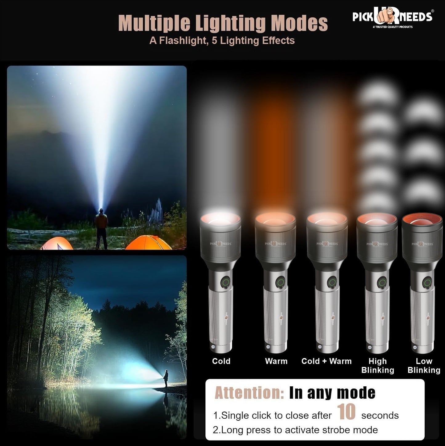 Pick Ur Needs 100W+100W LED Rechargeable Long Range Torch Light with 5 Lighting Modes Flashlight 1500mAh Battery Searchlight for Camping, Outdoor, Hiking, Emergency Use