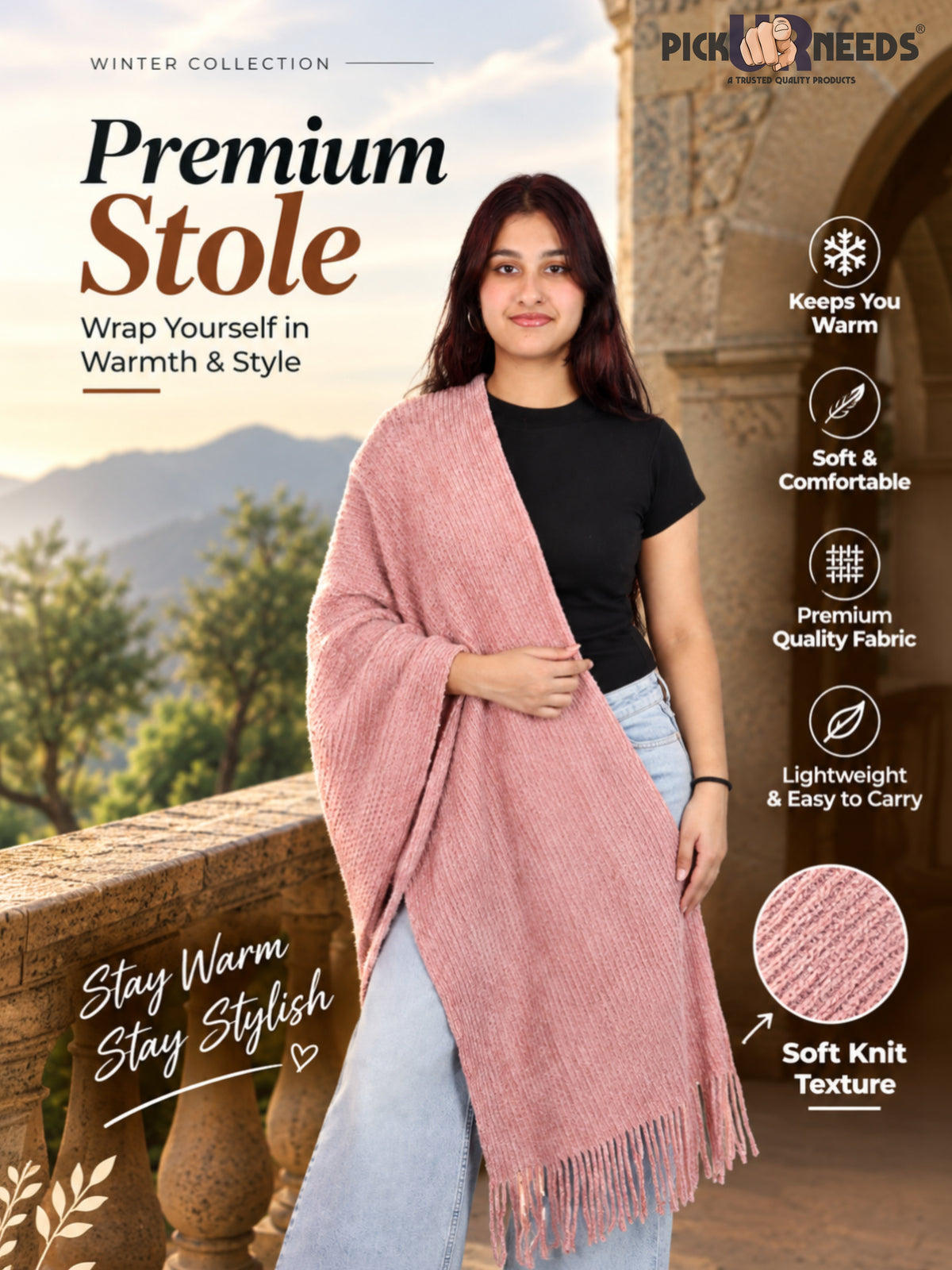 Pick Ur Needs Womens Winter shawl with Soft Plush Texture & Long Fringe Detailing Elegant Wrap for Ladies & Girls Cozy Seasonal Shoulder Cover for Casual, Ethnic & Western Outfits