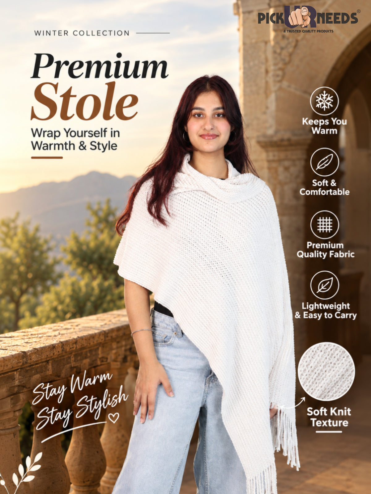 Pick Ur Needs Womens Winter shawl with Soft Plush Texture & Long Fringe Detailing Elegant Wrap for Ladies & Girls Cozy Seasonal Shoulder Cover for Casual, Ethnic & Western Outfits