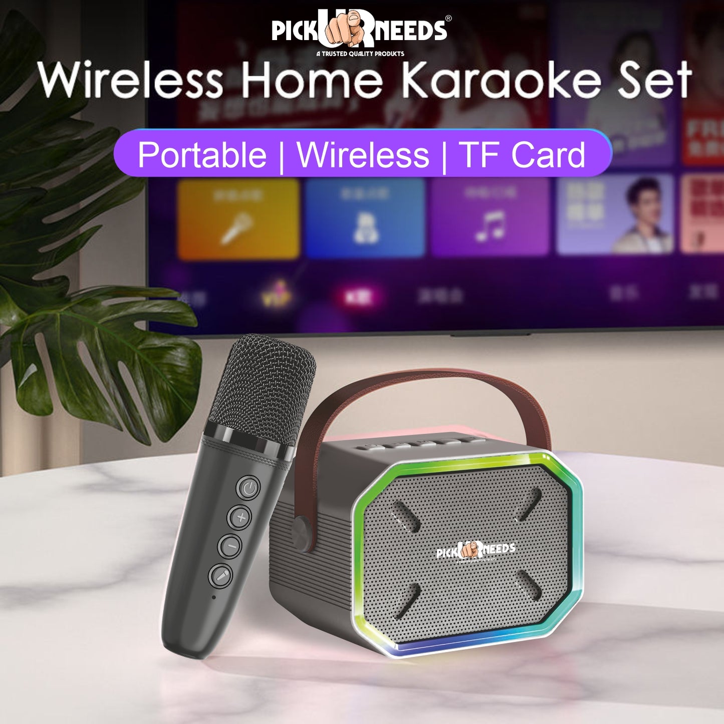 Pick Ur Needs 15W Portable Bluetooth Karaoke Speaker with Mic, 2000mAh Battery, Type-C Charging, RGB Lights, TF Card, Stereo Sound – Wireless Karaoke System (Black)