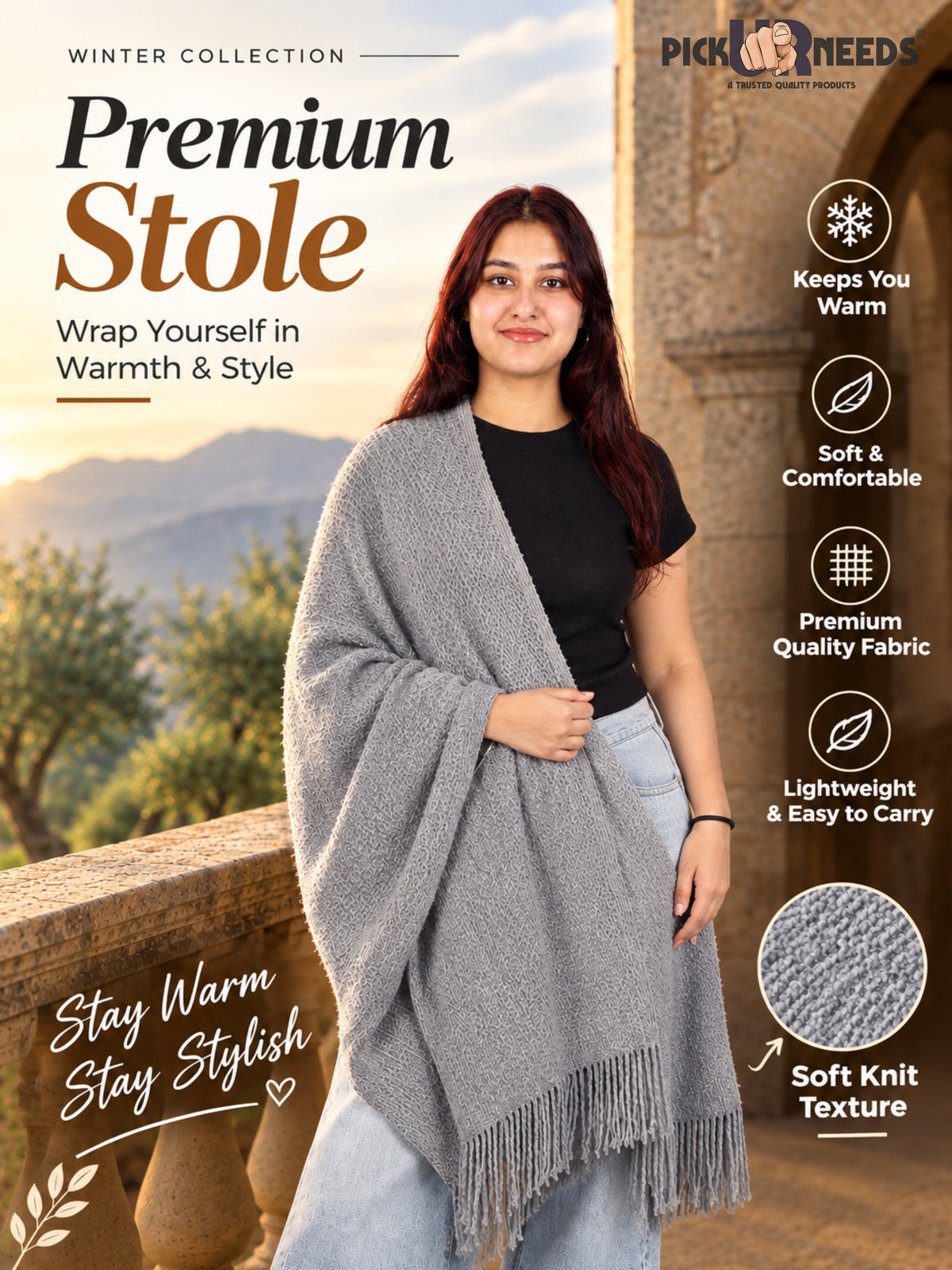 Pick Ur Needs Womens Winter shawl with Soft Plush Texture & Long Fringe Detailing Elegant Wrap for Ladies & Girls Cozy Seasonal Shoulder Cover for Casual, Ethnic & Western Outfits