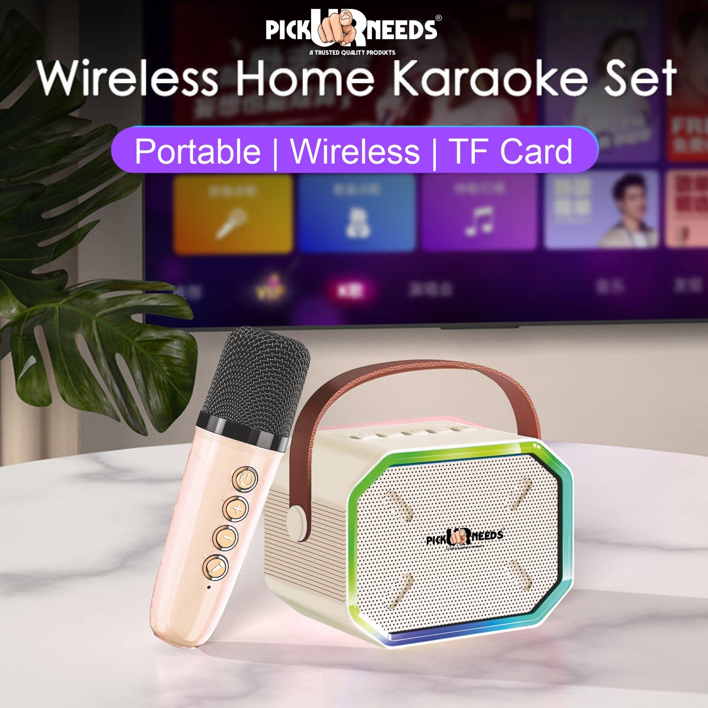 Pick Ur Needs 15W Portable Bluetooth Karaoke Speaker with Mic, 2000mAh Battery, Type-C Charging, RGB Lights, TF Card, Stereo Sound – Wireless Karaoke System (Black)