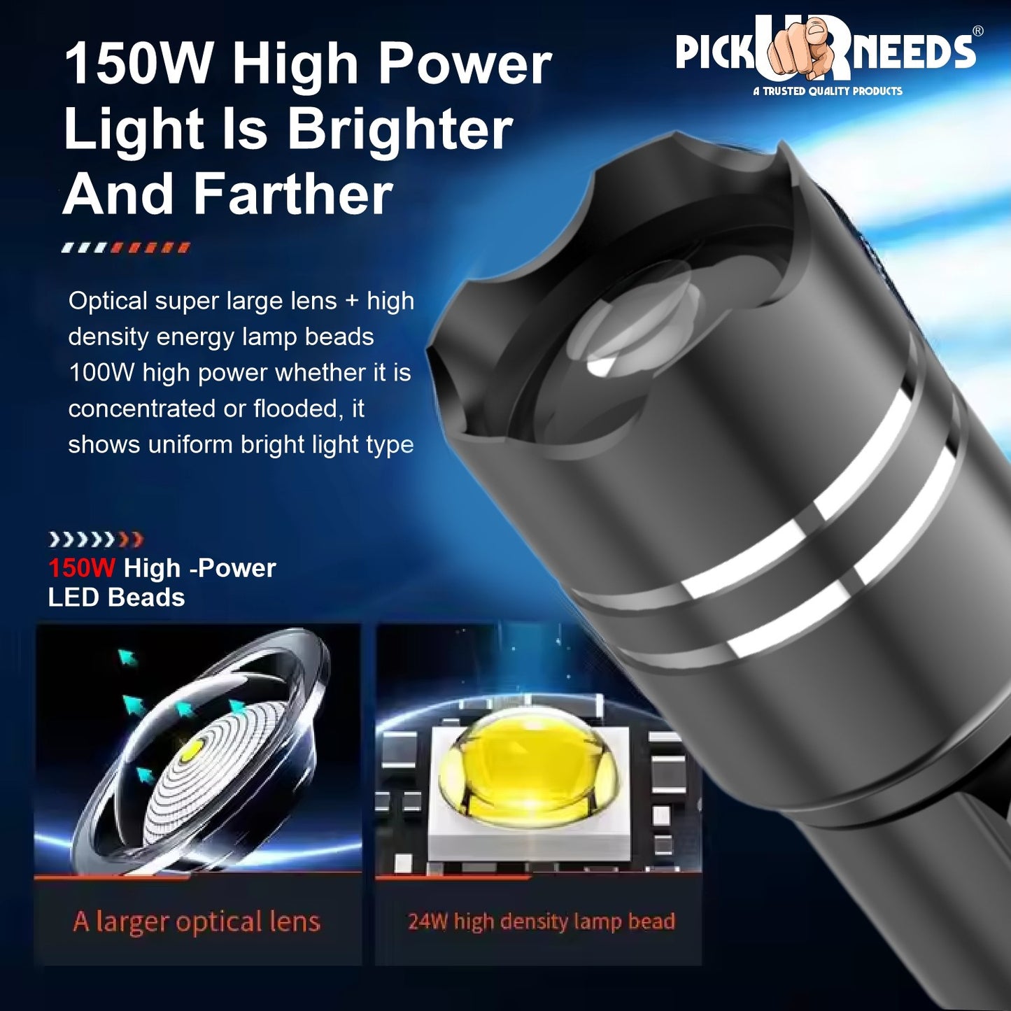 Pick Ur Needs 150W Rechargeable LED Torch offers powerful brightness, zoomable focus, 6 lighting modes, and a durable metal body. With a long-lasting 1800mAh battery, it's perfect for camping, emergencies, and everyday use.