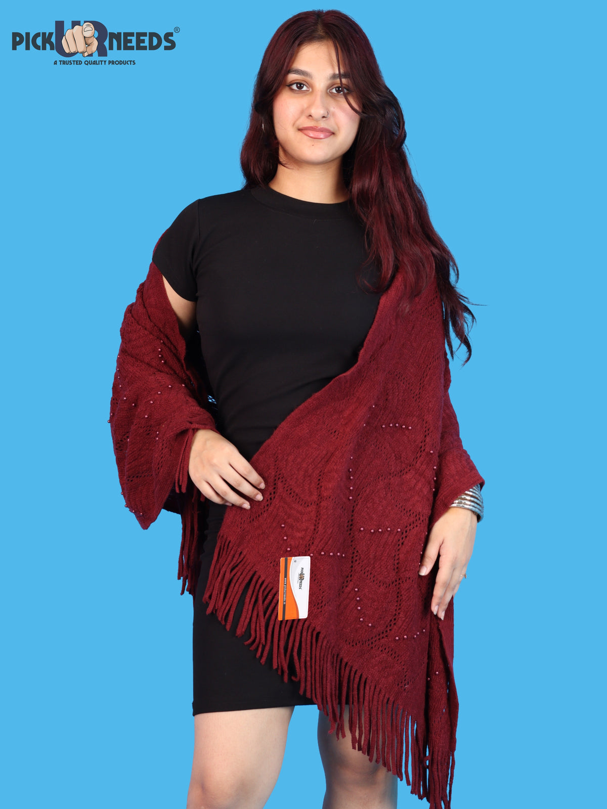 Pick Ur Needs Women & Girls Winter Warm Woolen Muffler with Pearl Work & Fringes – Soft Stylish Wrap