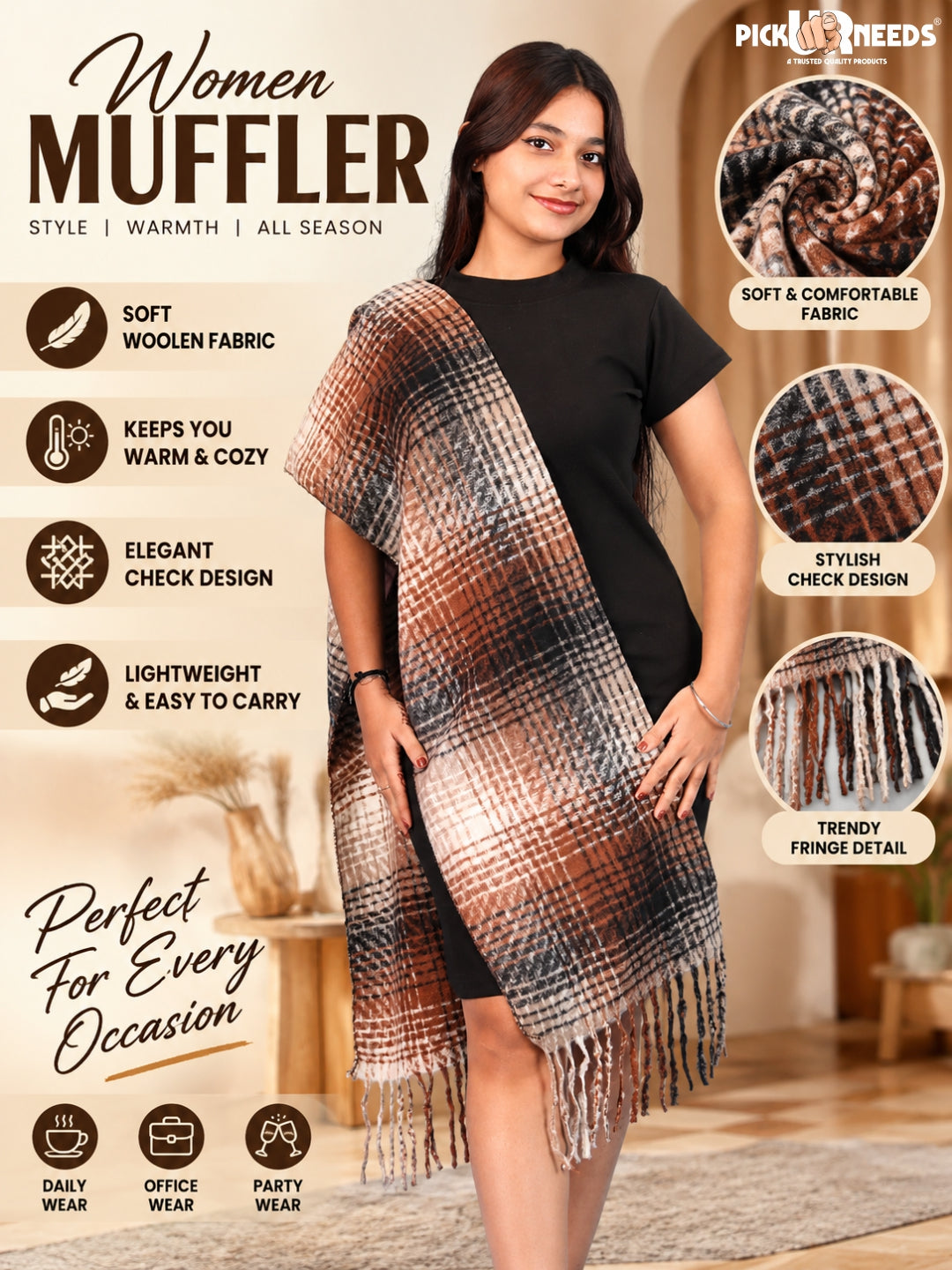 Pick Ur Needs Soft Woolen Girl's Muffler Scarf with Elegant Check Pattern,Warm & Cozy Winter Neck Wrap, Stylish Fringed Stole for Women & Girls
