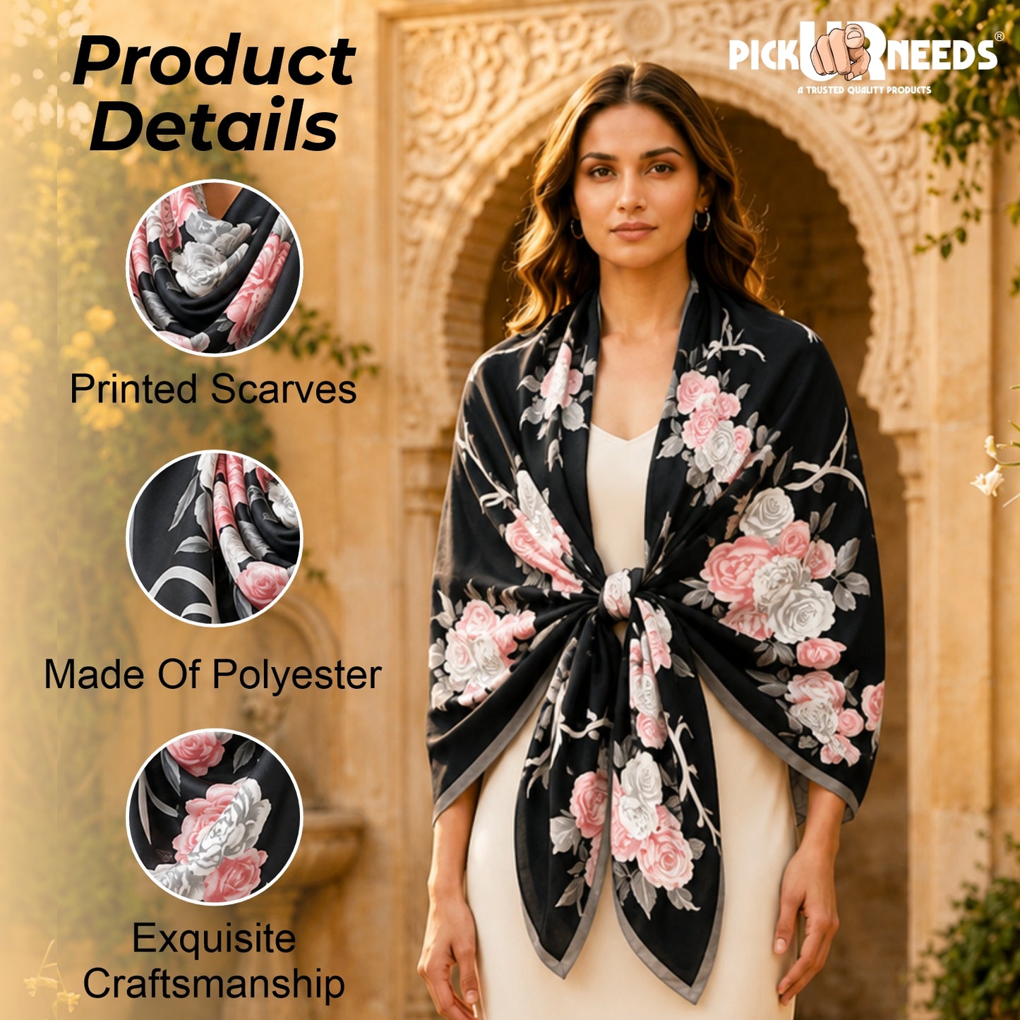 Pick Ur Needs Summer Silk Floral Printed Scarf for Womens & Girls Elegant Neck, Head & Shoulder Wrap Soft Lightweight Fashion Stole