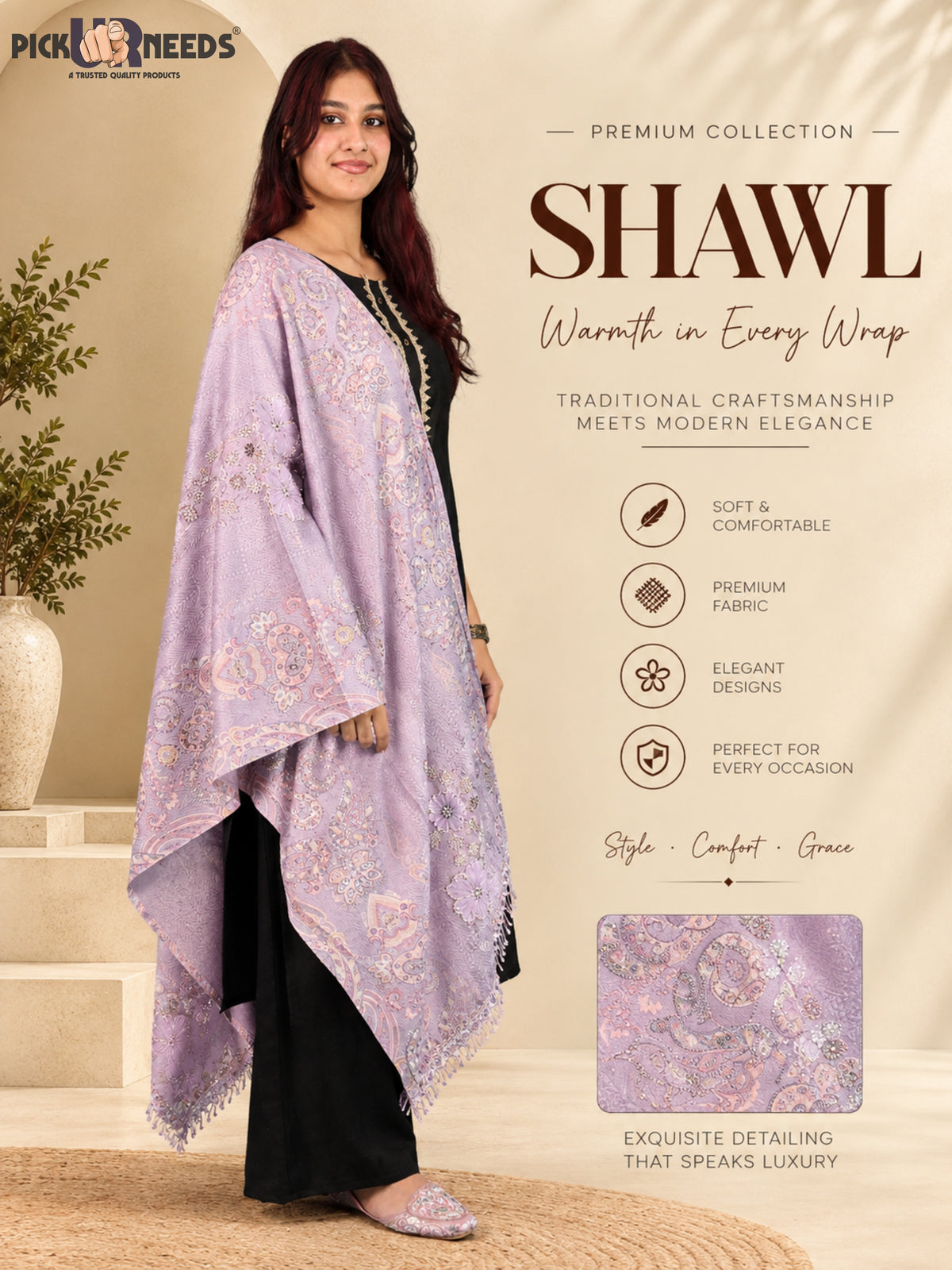 Pick Ur Needs Womens Designer Winter Elegant Floral Embellished Paisley Print Girls Shawl with Decorative Fringe Border