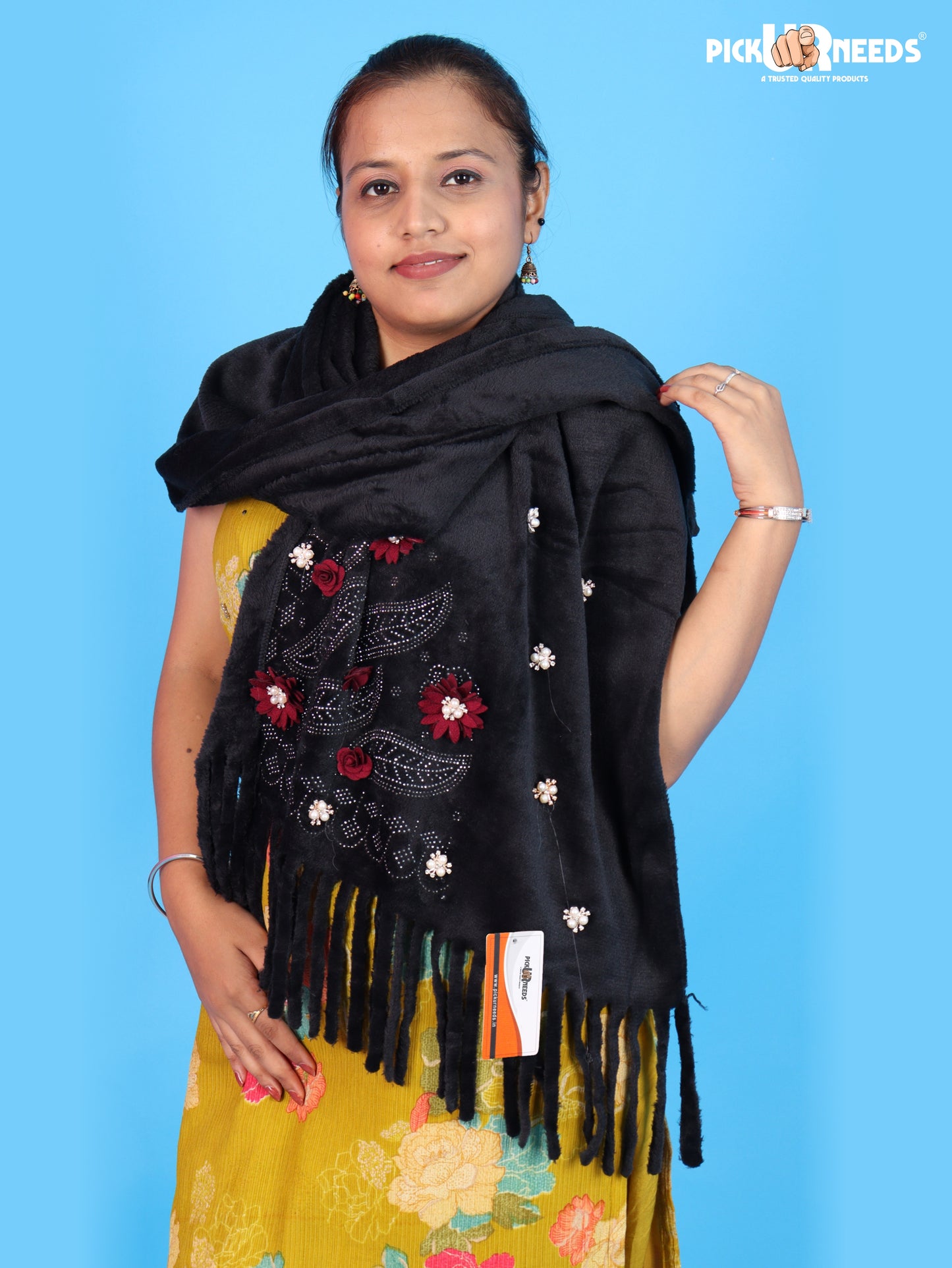 Pick Ur Needs Girls Embroidered Shawl Stylish Floral Embellished Winter Stole with Decorative Fringe Tassels Elegant Shoulder Wrap for Women