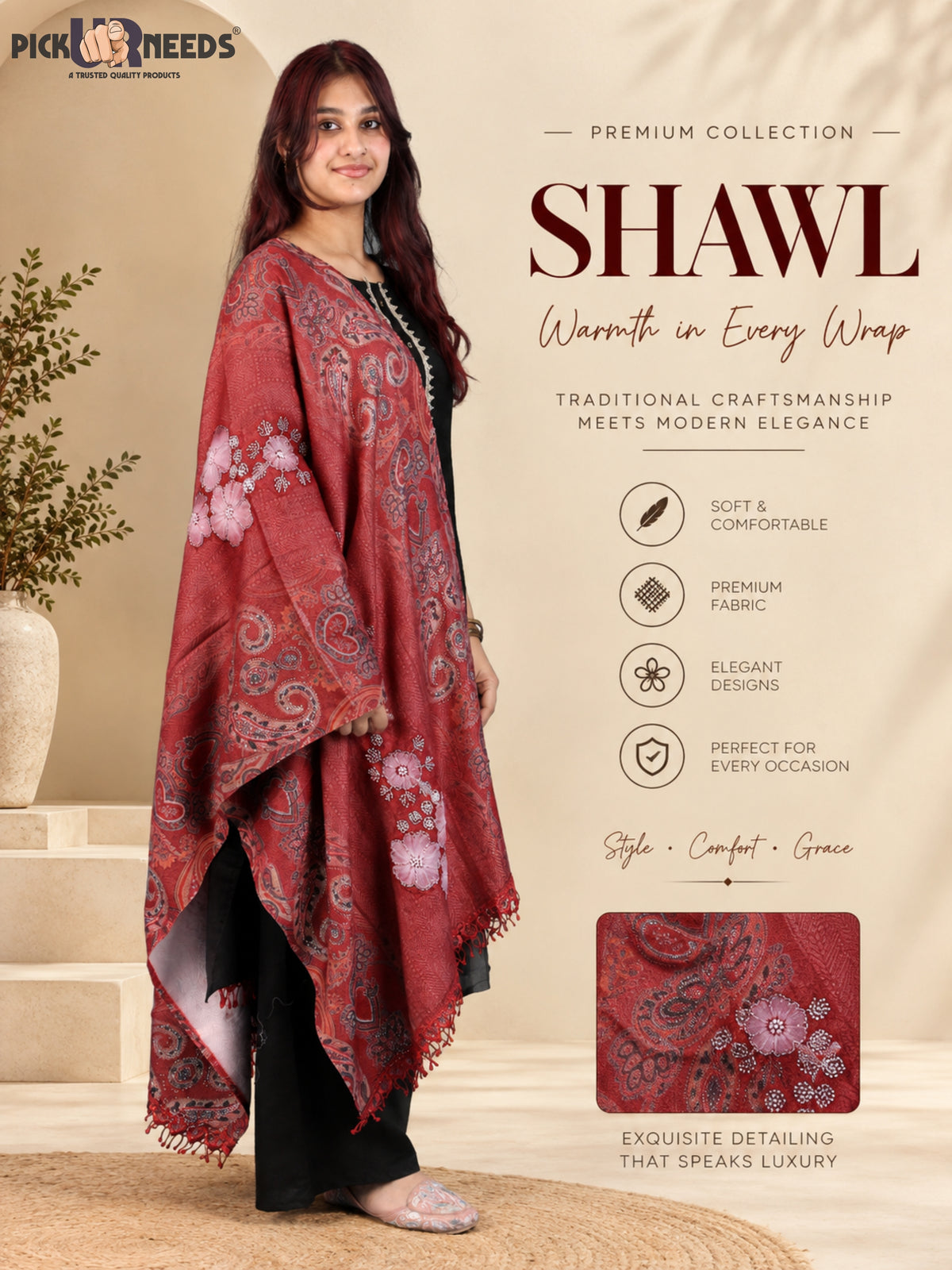 Pick Ur Needs Womens Designer Winter Elegant Floral Embellished Paisley Print Girls Shawl with Decorative Fringe Border
