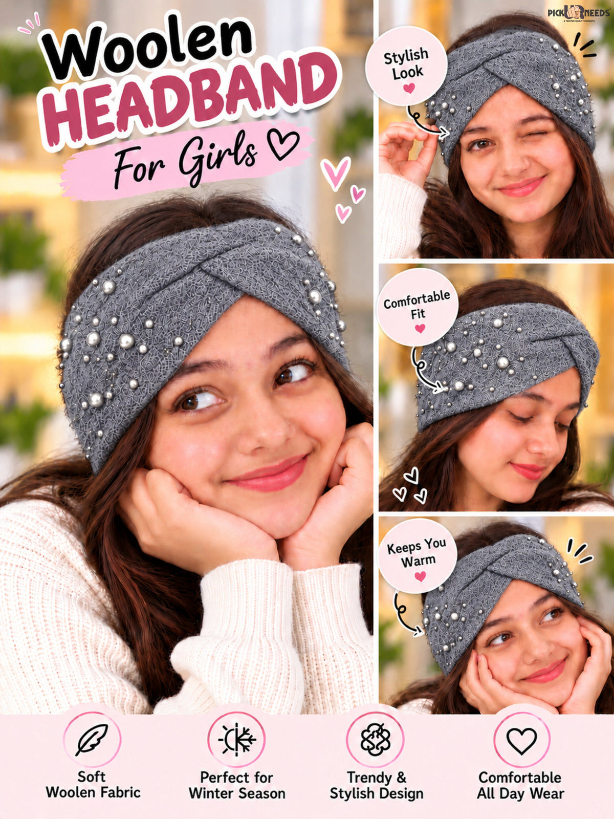 Pick Ur Needs Winter Ear Warmer Kanpatti Soft Woolen Headband with Elegant Pearl Design Warm Stretchable For Womens & Girls