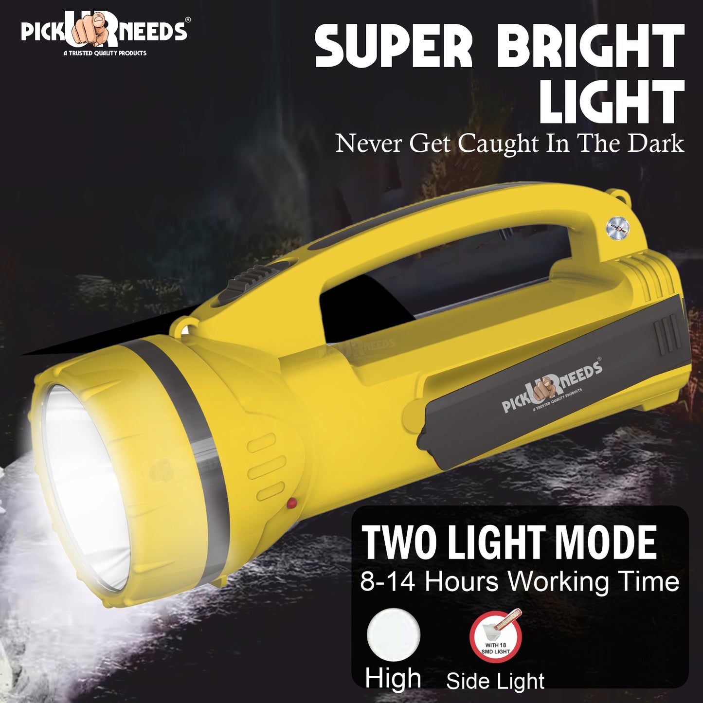 Pick Ur Needs 50W Long Range Rechargeable Search Laser with 1500mAh Battery, 18 SMD Bright 8 hrs Torch Emergency Light  (Yellow)