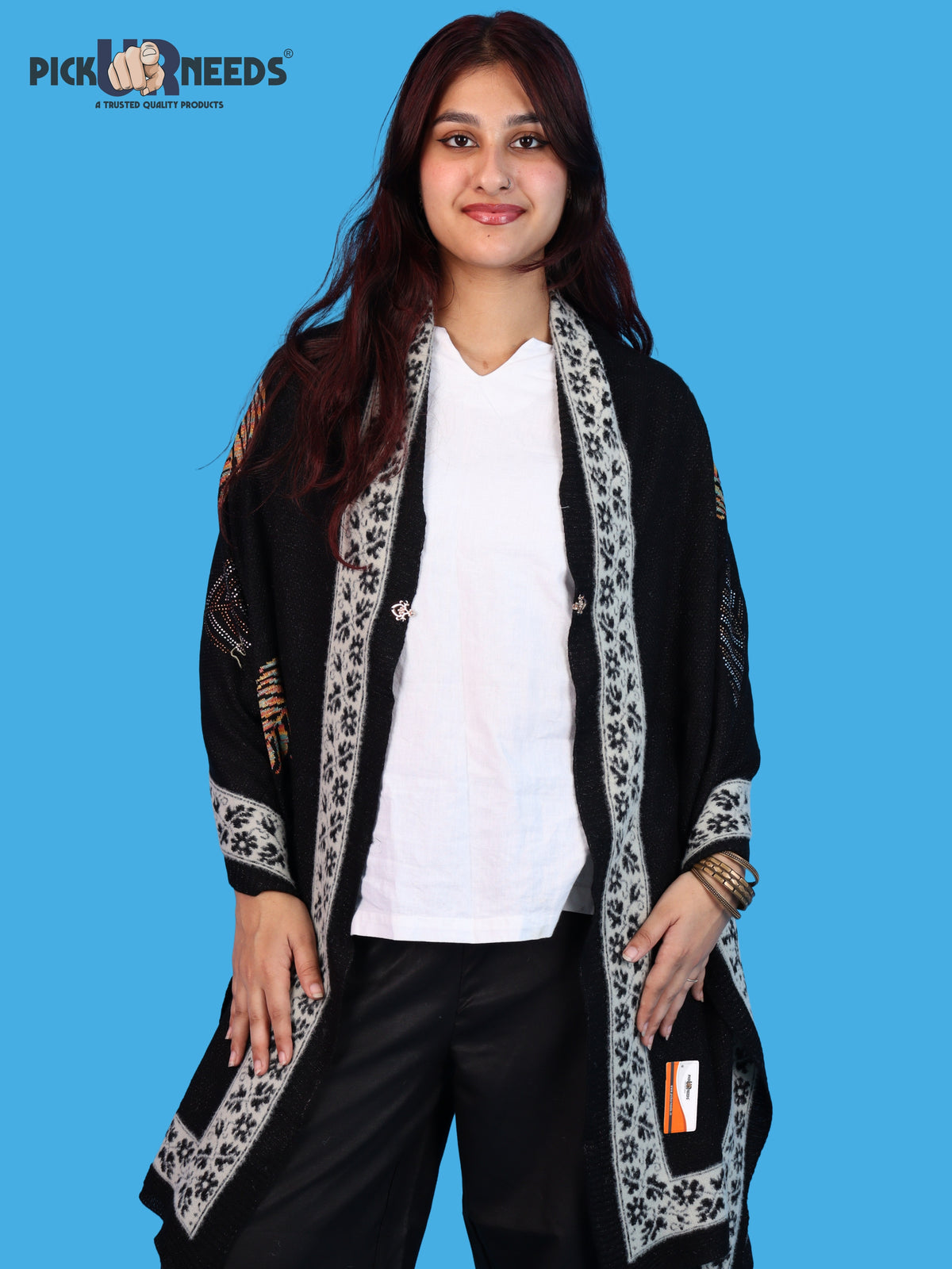Pick Ur Needs Girls & Womens Winter Soft Lightweight Knitted Shawl with Leaf Design, Floral Border & Decorative Tassels
