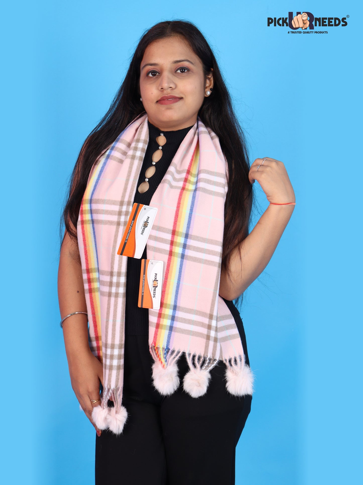 Pick Ur Needs Women’s Winter Scarf for Stylish & Comfortable Girls Wear Soft Warm Printed Muffler with Fringe & Pom Pom Detailing