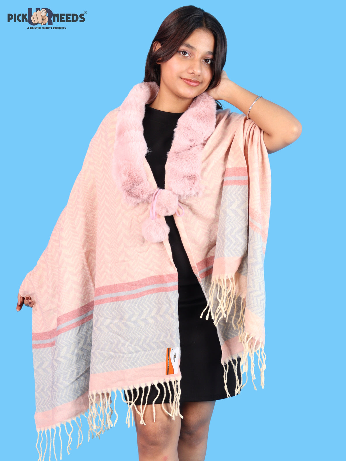 Pick Ur Needs Womens & Girls Designer Winter Shawl with Plush Fur Neckline & Patterned Border Soft Cozy Ladies Shoulder Wrap with Fringed Edges & Pom Pom Tassels