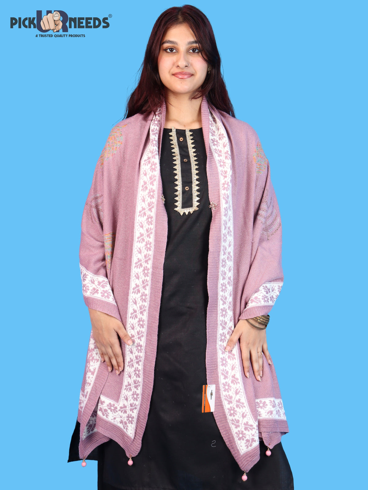 Pick Ur Needs Girls & Womens Winter Soft Lightweight Knitted Shawl with Leaf Design, Floral Border & Decorative Tassels