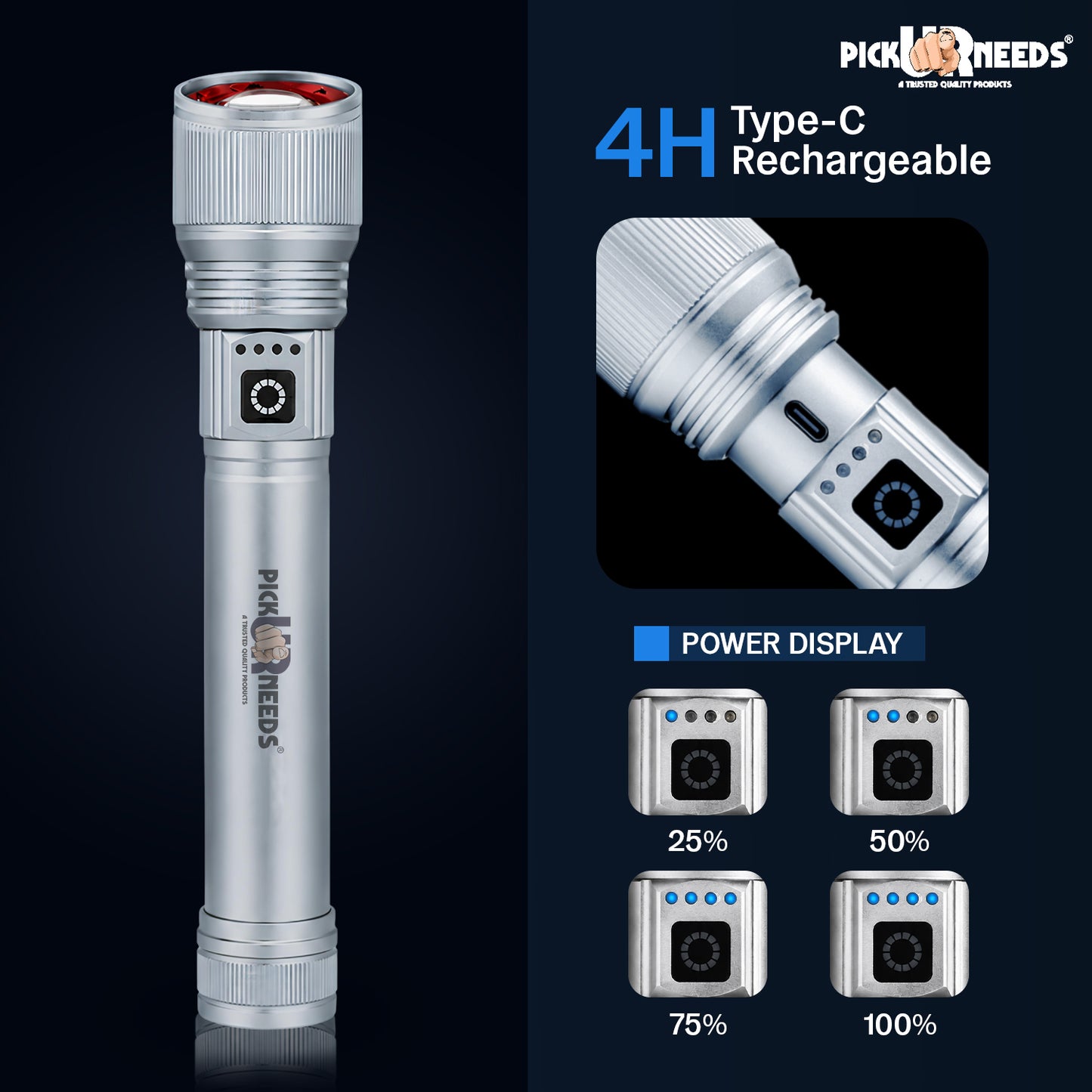 Rechargeable Emergency Pick Ur Needs Metal Torch Light with 4000mAh Battery Long Range Backup Searchlight with 4 Light Modes