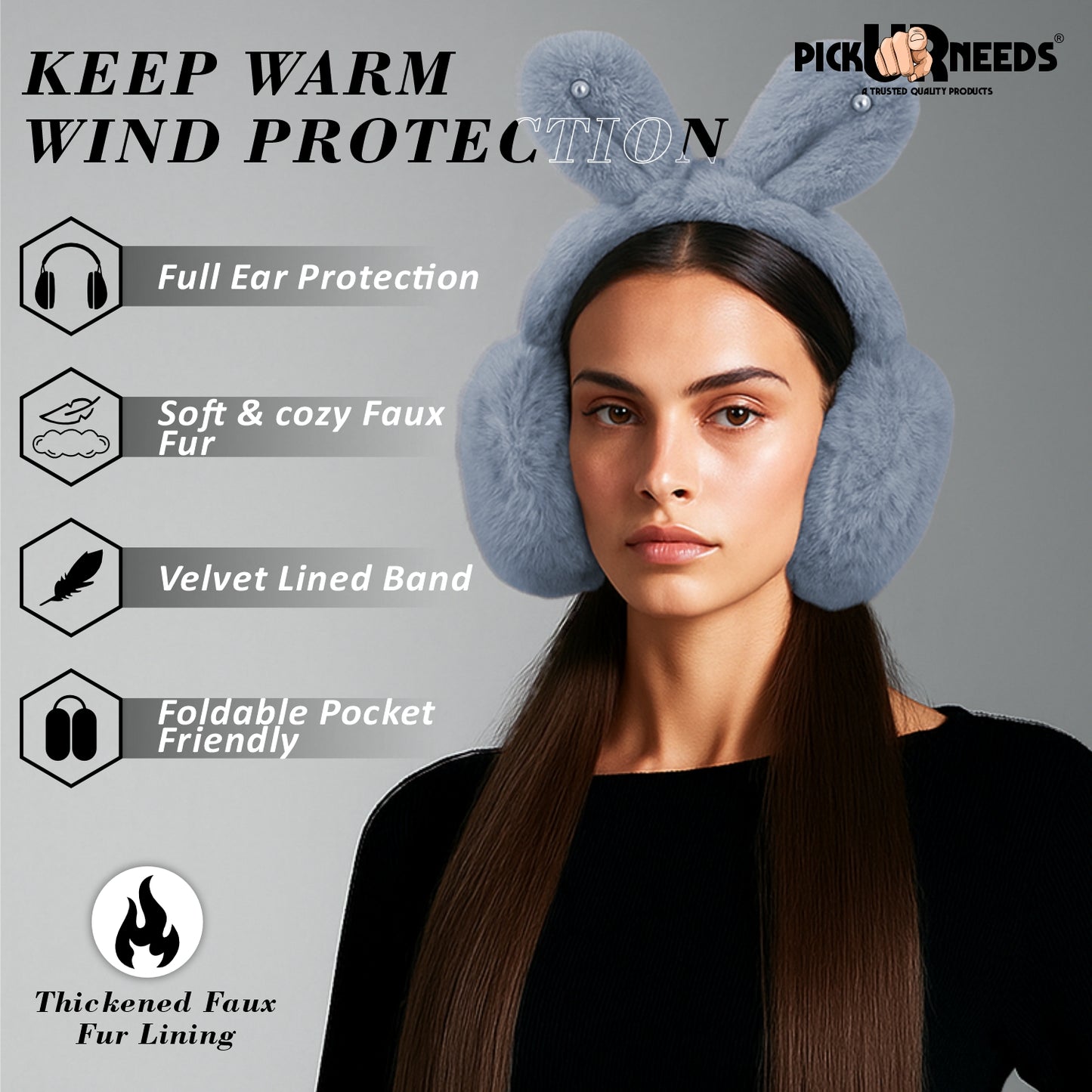 Pick Ur Needs Plush Earmuffs for Women & Girls with Stone Detail – Foldable Ultra-Soft Ear Warmers, Lightweight Winter Ear Muffs, Warm & Comfortable Cold Weather Accessory
