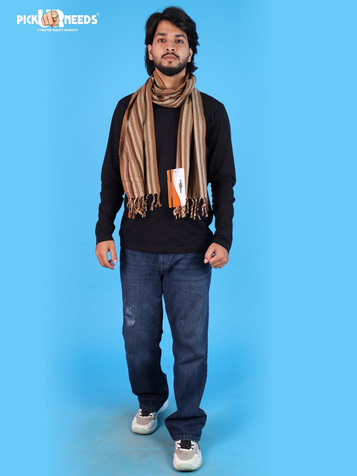 Pick Ur Needs Men's Muffler With Multi Color Strips Design Woolem Blend Fabric Stylish Tussles Ends Muffler For Men