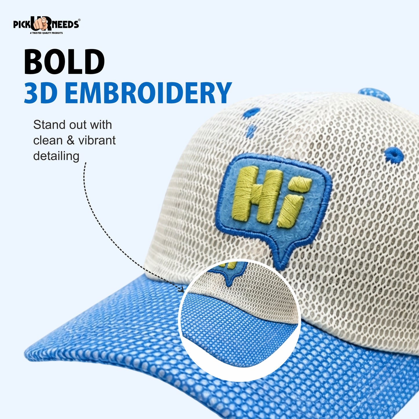 Pick Ur Needs Teenager Stylish Mesh Cap Lightweight Breathable Baseball Hat with “Hi” Embroidery Sun Protection Adjustable Snapback Cap for Boys & Girls