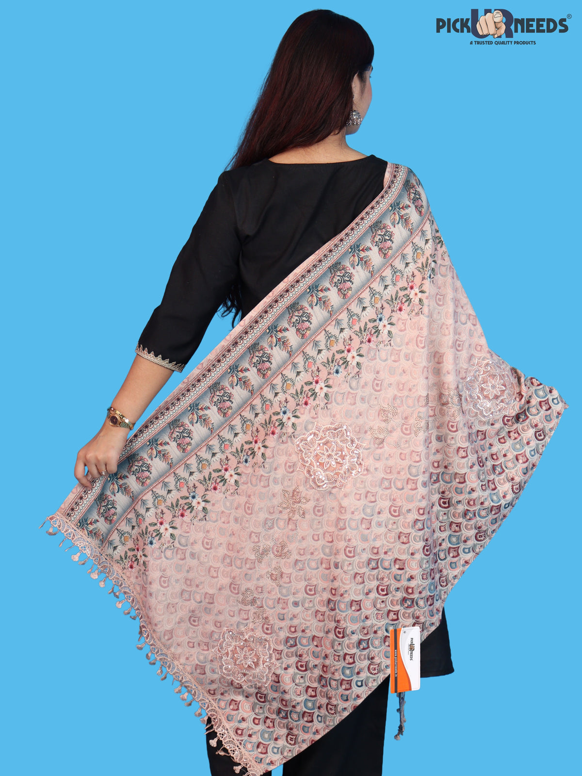 Pick Ur Needs Premium Stylish Womens & Girls Elegant Woolen Shawl Soft Warm Printed Stole with Lace Tassels