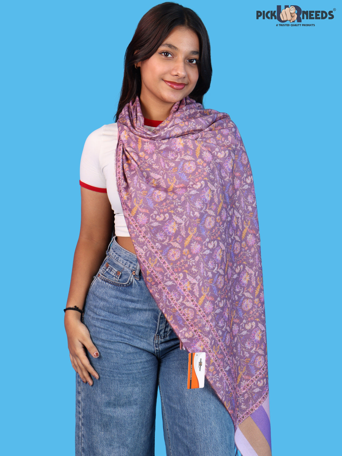 Pick Ur Needs Women & Girls Soft Woolen Shawl Elegant Floral Design Winter Neck Scarf with Decorative Border & Fringes