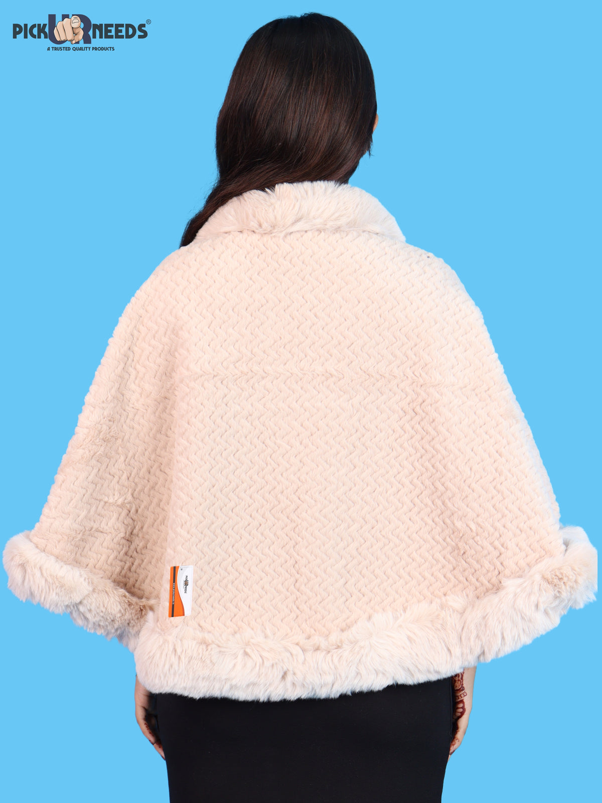 Pick Ur Needs Ladies Winter Shrug with Plush Fur Style Border & Pearl Bead Accents Textured Soft Fabric Open Front Cape Poncho with Wide Sleeves for Girls & Women