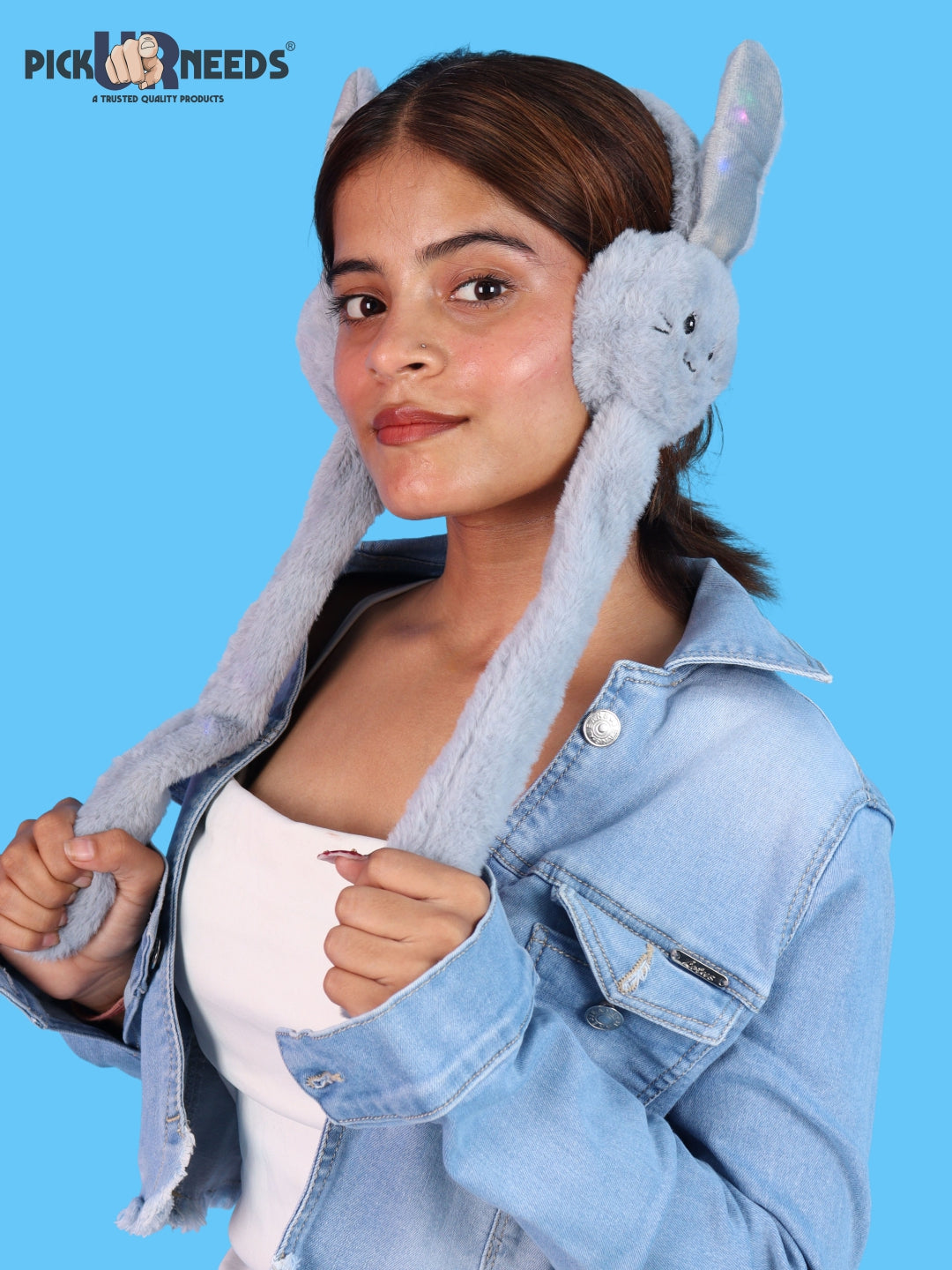 Pick Ur Needs Plush Bunny Cute Earmuffs for Girls & Women with RGB LED Lights,Ultra Soft Warm Winter Moving Flapping Ears Muffs