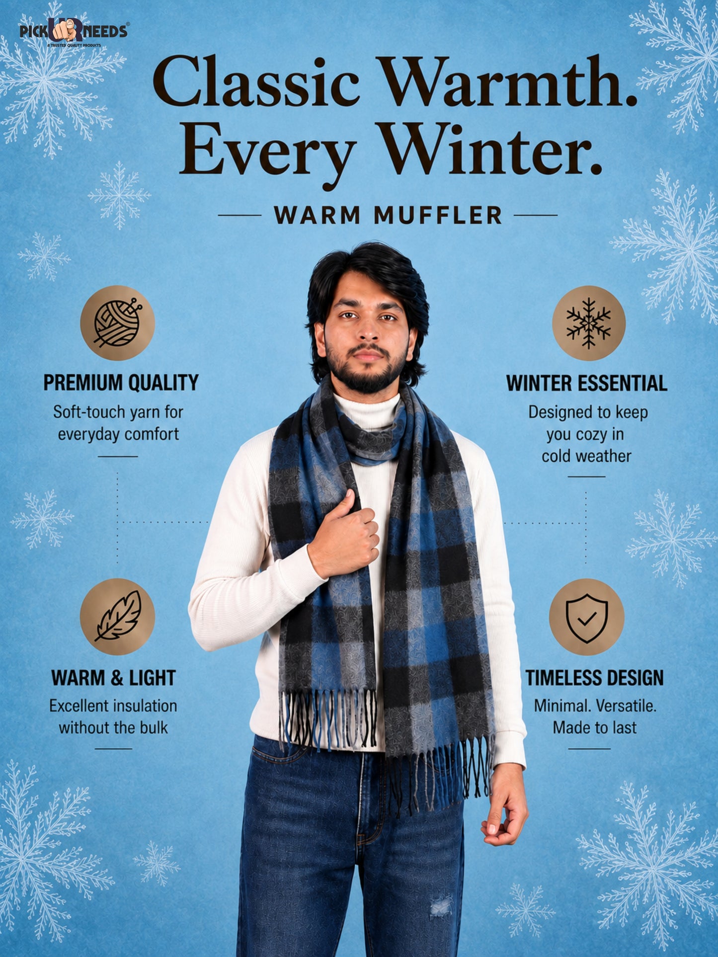 Pick Ur Needs Men’s Winter Muffler Shawl Soft Warm Checkered Scarf with Fringes  Stylish Neck Wrap for Men & Boys  Winter Wear Accessory