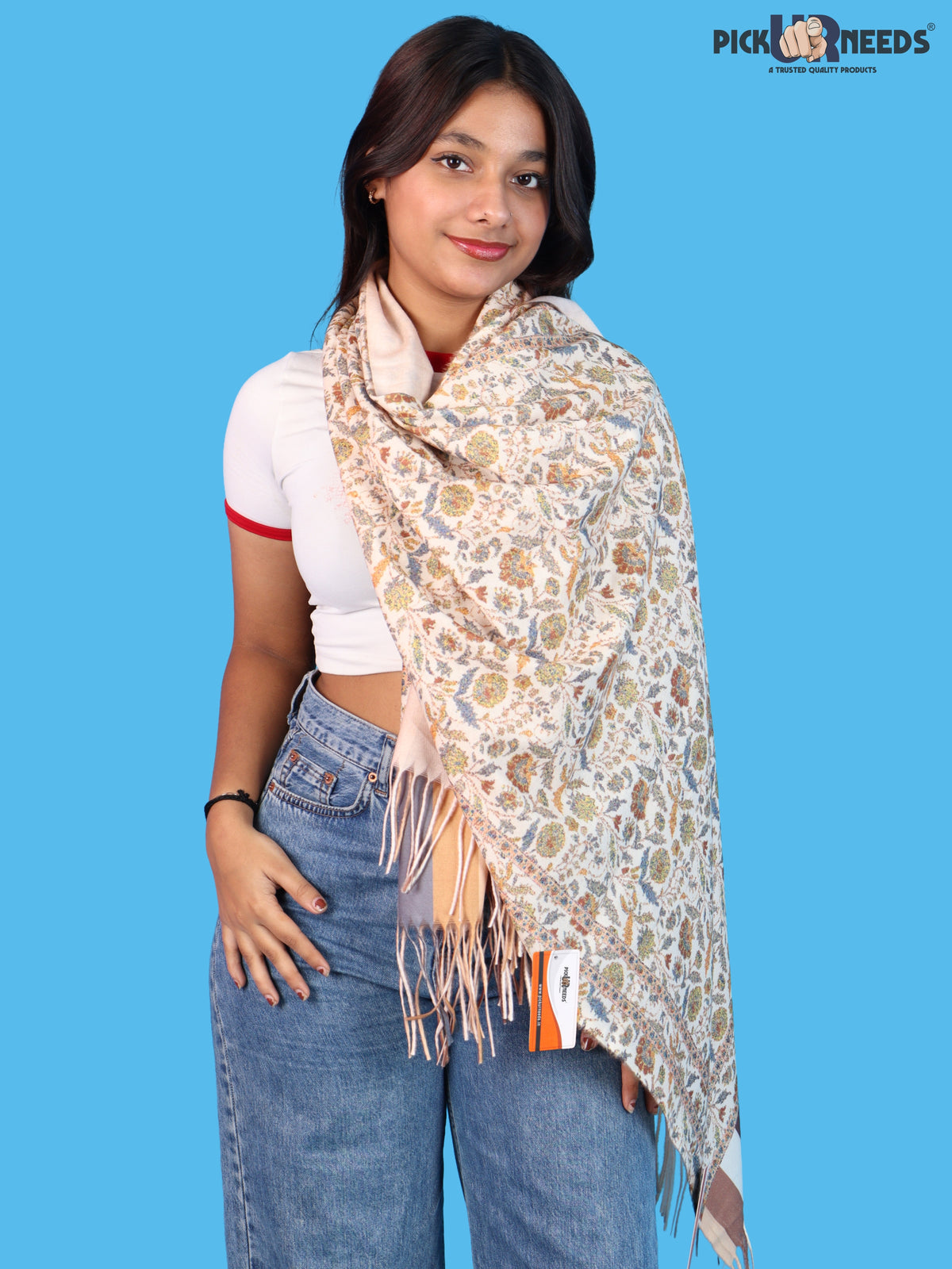 Pick Ur Needs Women & Girls Soft Woolen Shawl Elegant Floral Design Winter Neck Scarf with Decorative Border & Fringes
