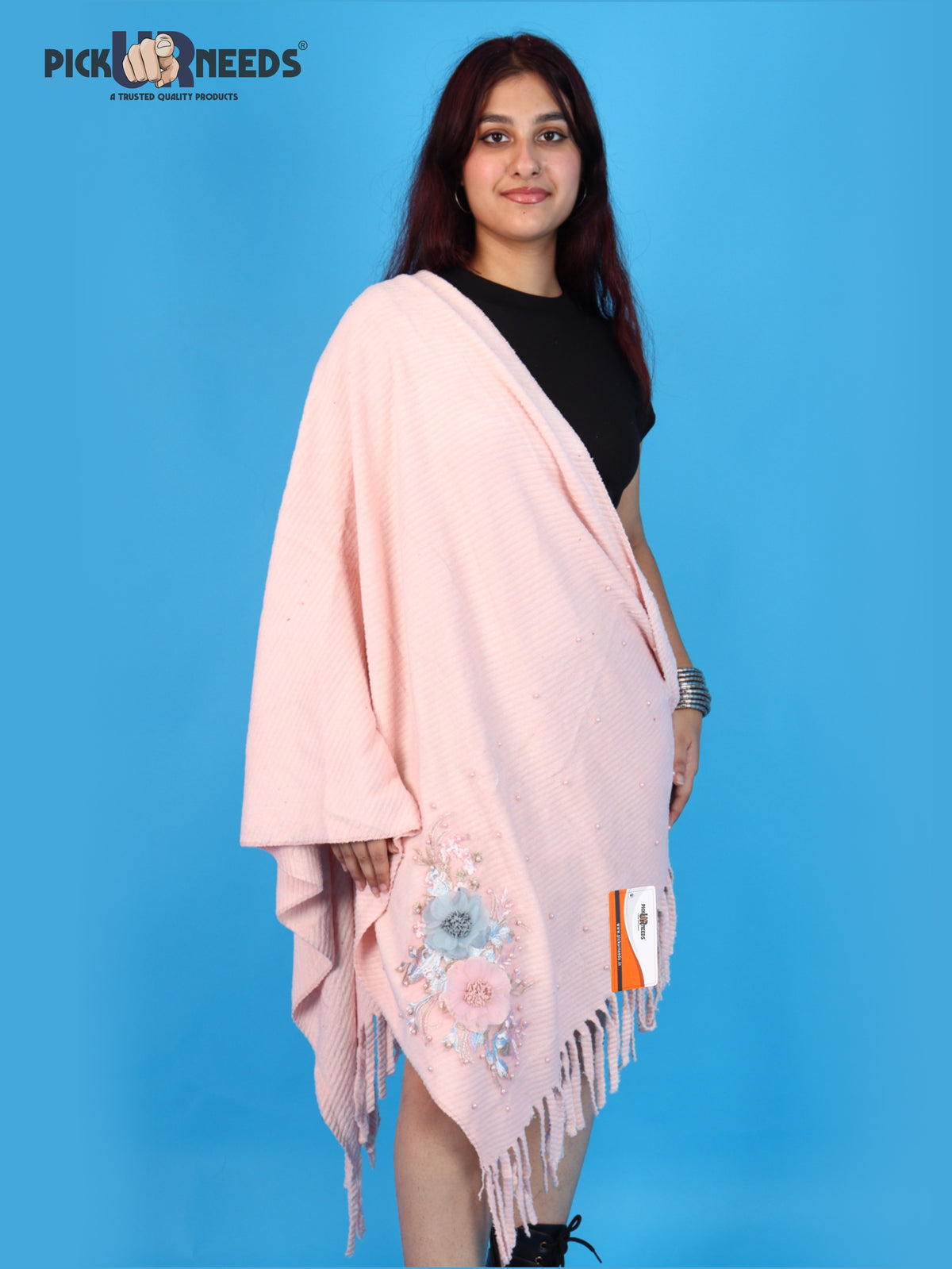 Pick Ur Needs Premium Floral Embroidered Winter Shawl Stole Soft Warm Wrap with Pearl Embellishments & Fringed Border For Girls & Womens