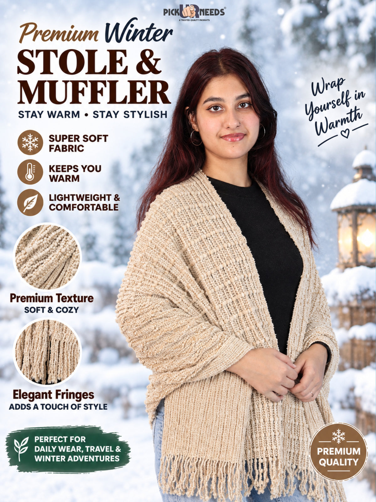 Pick Ur Needs Winter Premium Muffler for Women Soft Textured Woven with Elegant Fringe Detailing Warm For Girls