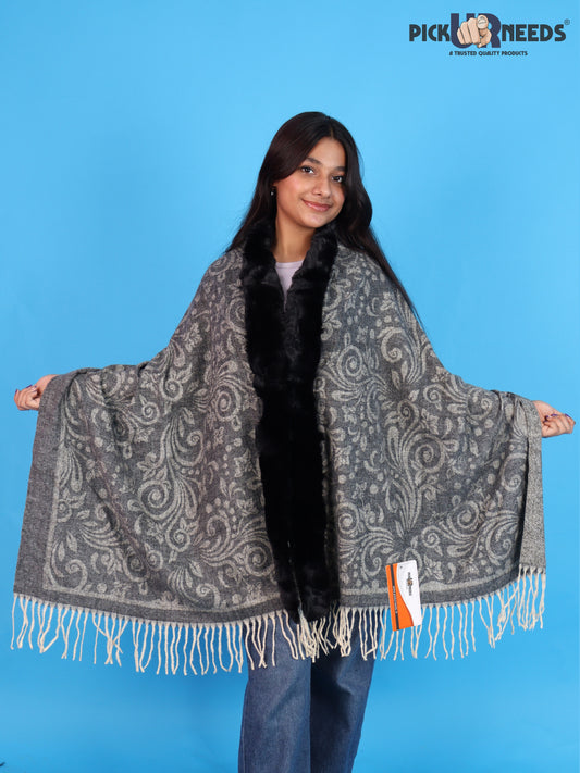 Pick Ur Needs Women’s  Floral Patterned Woolen Shawl with  Faux Fur Border