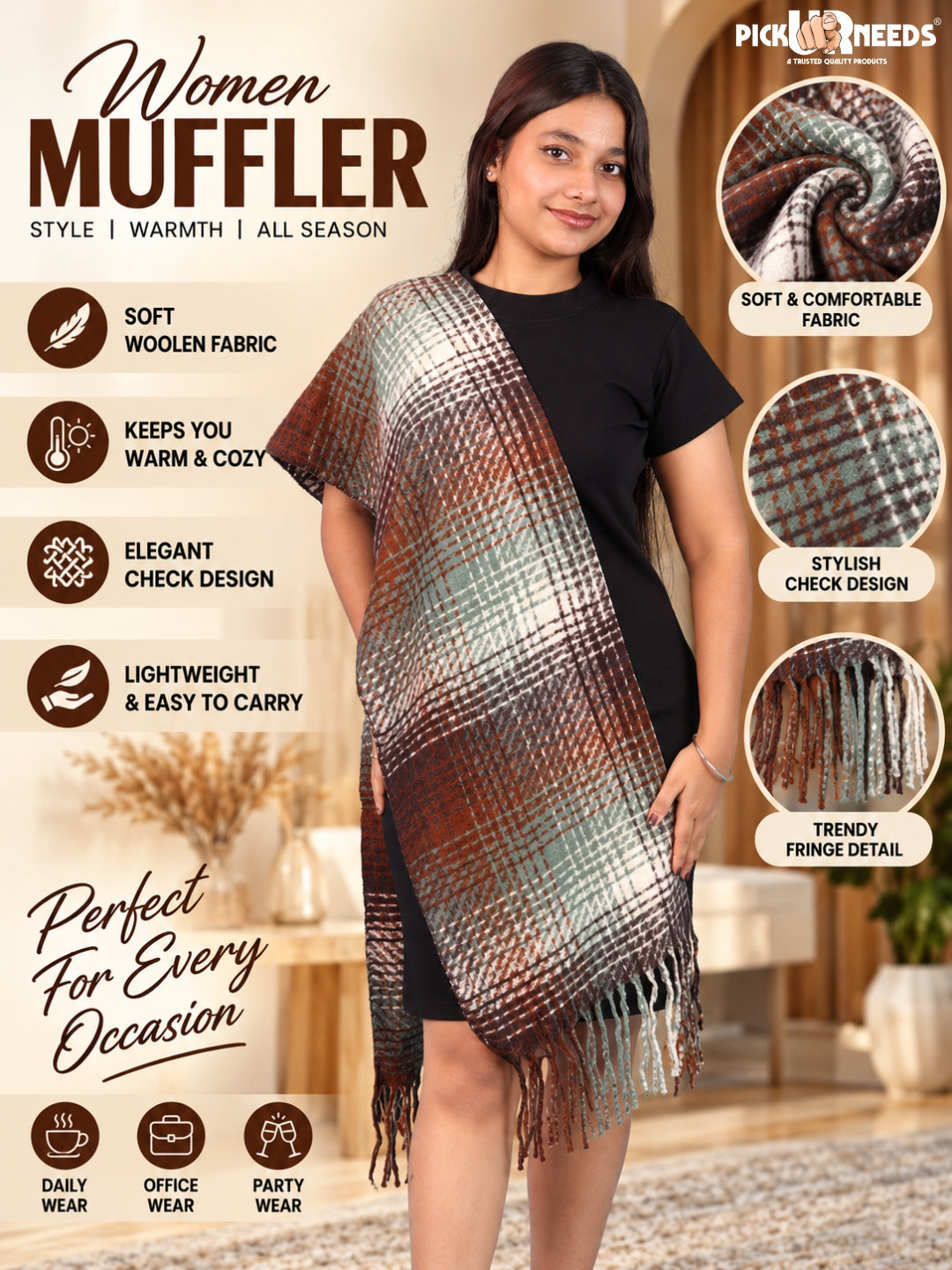 Pick Ur Needs Soft Woolen Girl's Muffler Scarf with Elegant Check Pattern,Warm & Cozy Winter Neck Wrap, Stylish Fringed Stole for Women & Girls