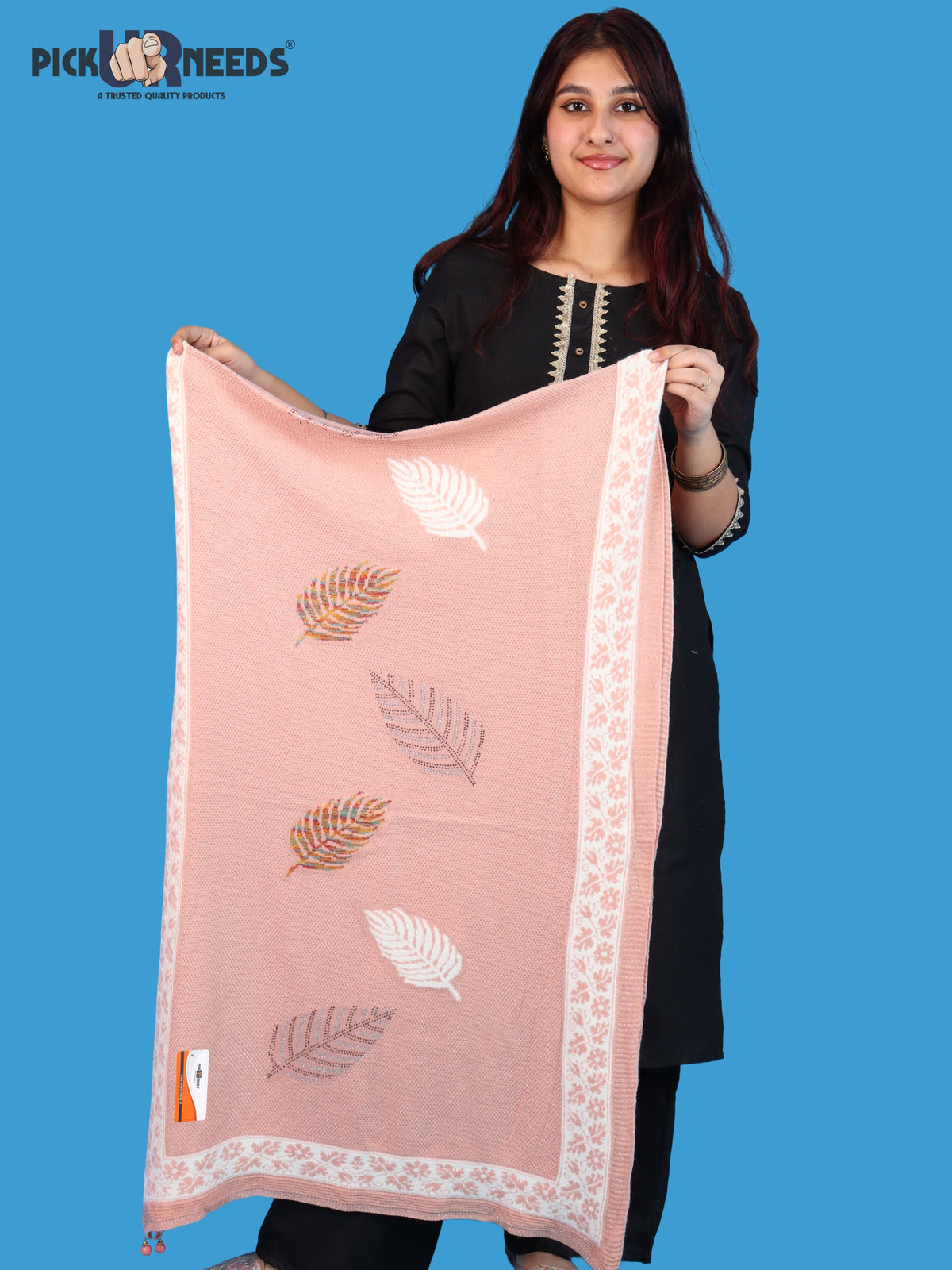 Pick Ur Needs Girls & Womens Winter Soft Lightweight Knitted Shawl with Leaf Design, Floral Border & Decorative Tassels
