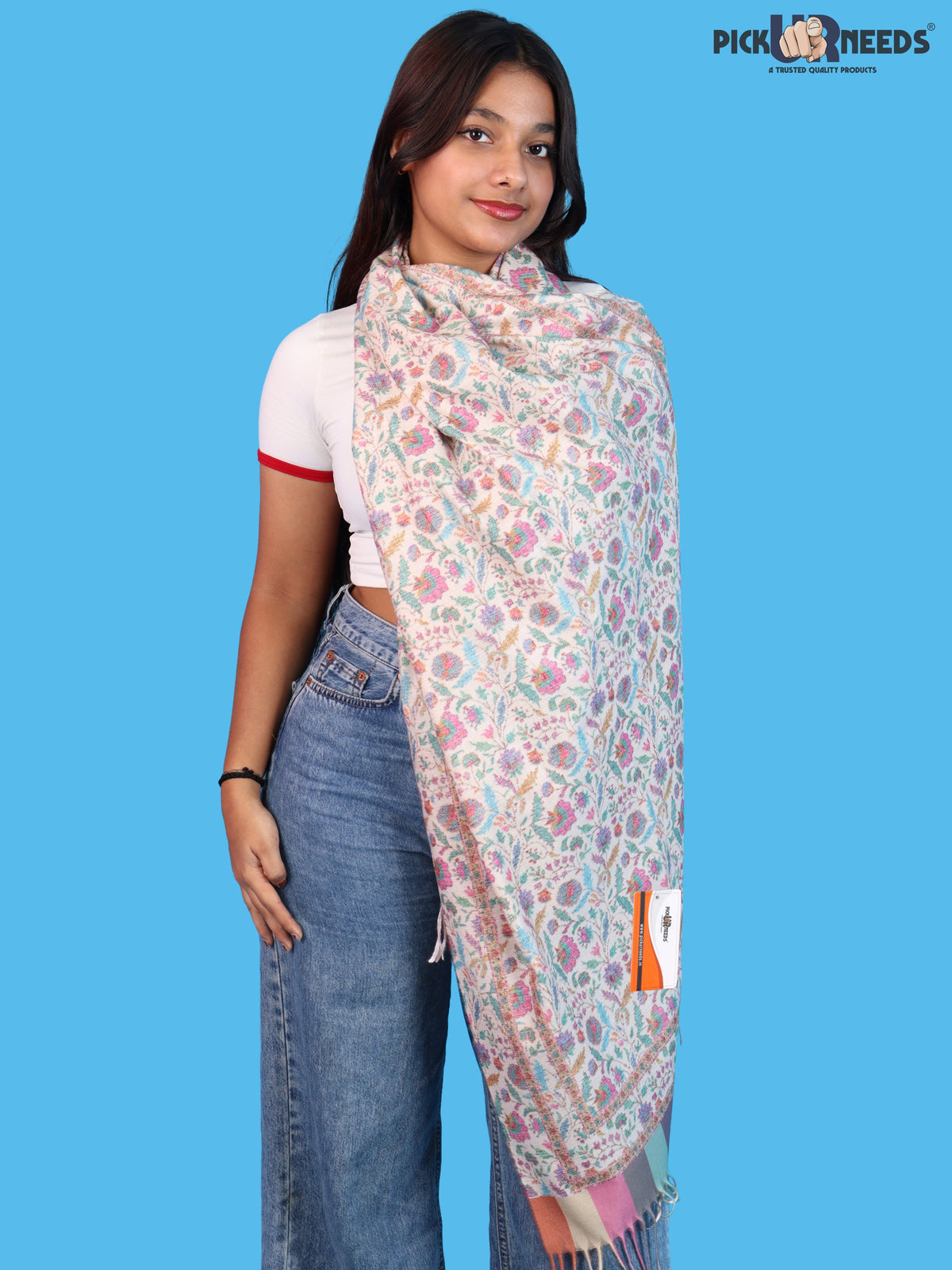Pick Ur Needs Women & Girls Soft Woolen Shawl Elegant Floral Design Winter Neck Scarf with Decorative Border & Fringes