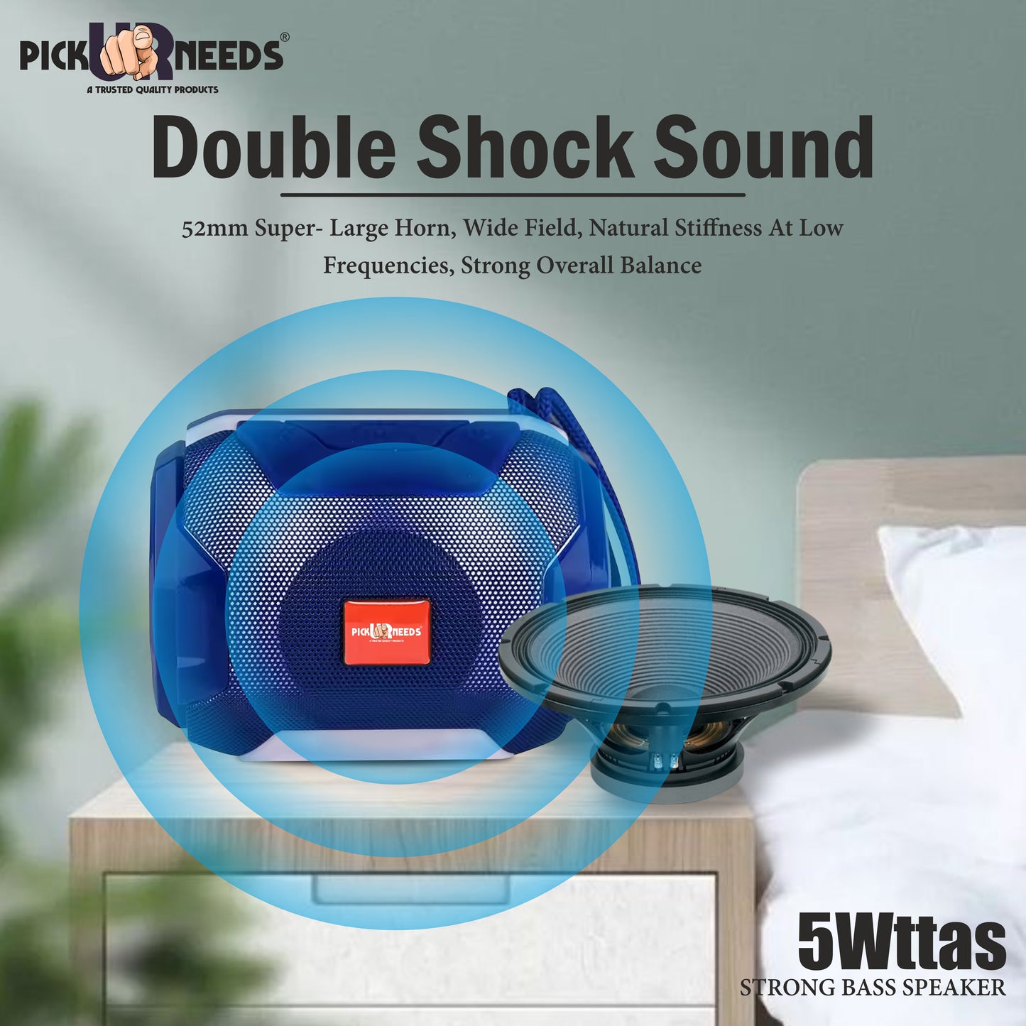 Pick Ur Needs Mega Bass Portable Wireless Bluetooth Speaker | Water Proof | Splash Proof | Premium Speaker Compatible with All Mobile Phone (Color AS PER Availability) 5 W Bluetooth Speaker