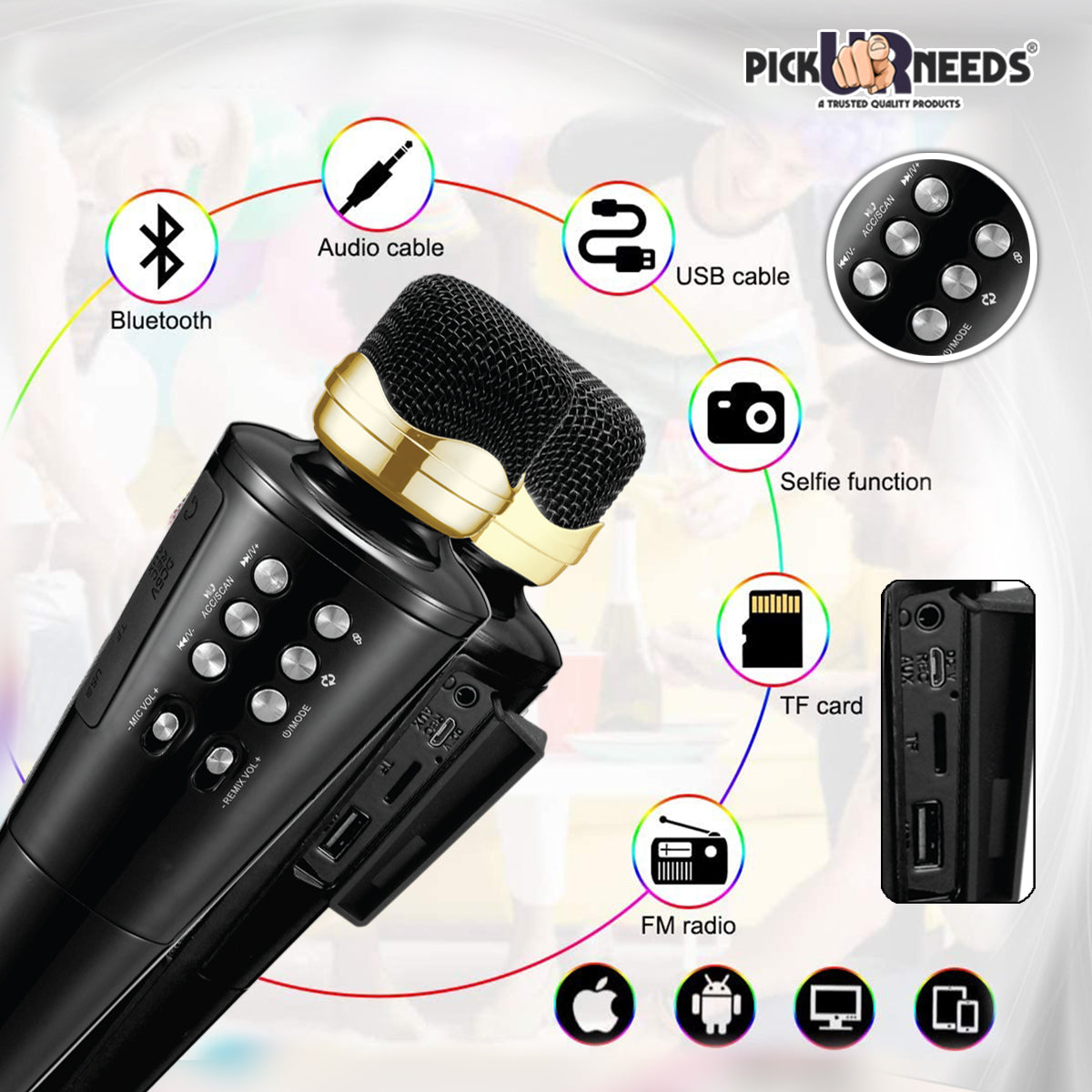 Pick Ur Needs 2 in1 Karaoke Microphone & Bluetooth Speaker with LED Light Wireless Connection Player with Recording + USB+FM