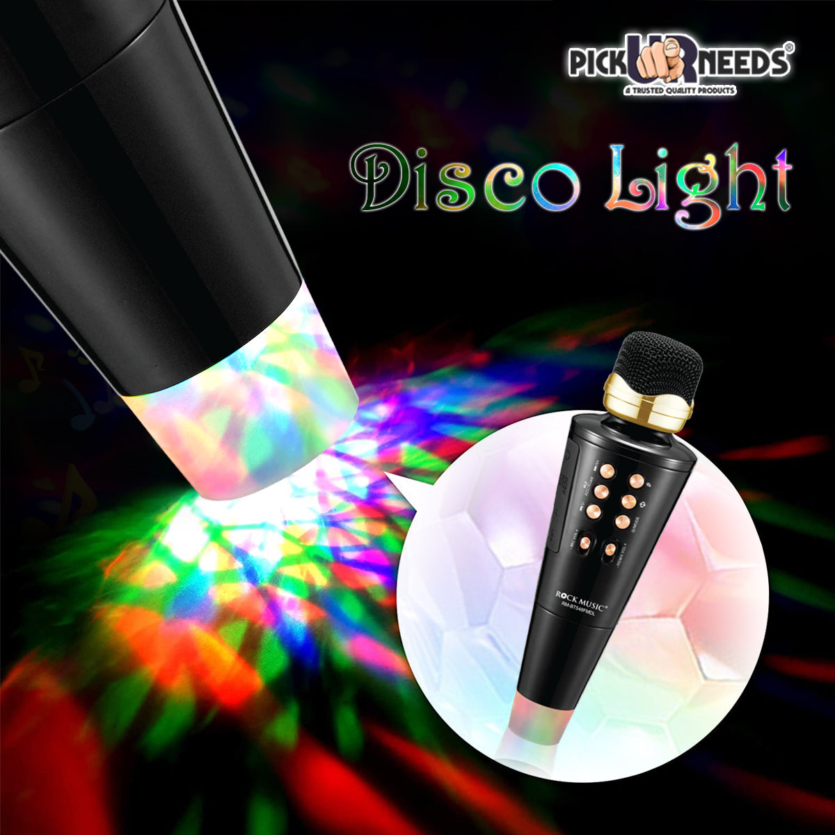 Pick Ur Needs 2 in1 Karaoke Microphone & Bluetooth Speaker with LED Light Wireless Connection Player with Recording + USB+FM