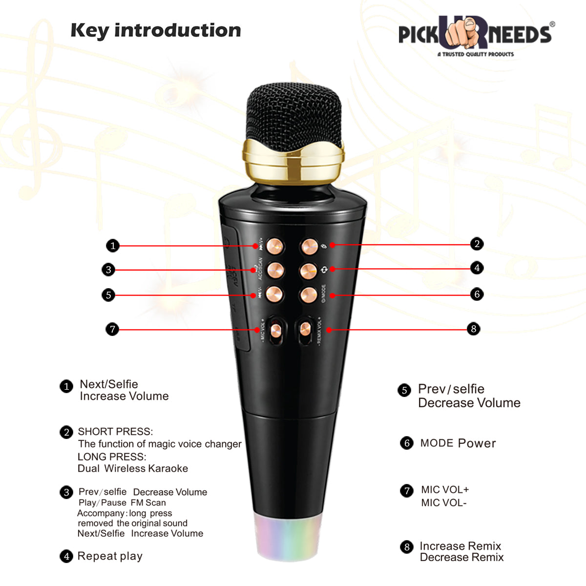 Pick Ur Needs 2 in1 Karaoke Microphone & Bluetooth Speaker with LED Light Wireless Connection Player with Recording + USB+FM