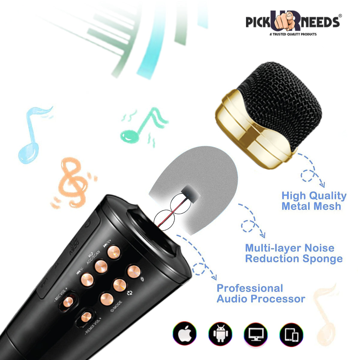 Pick Ur Needs 2 in1 Karaoke Microphone & Bluetooth Speaker with LED Light Wireless Connection Player with Recording + USB+FM