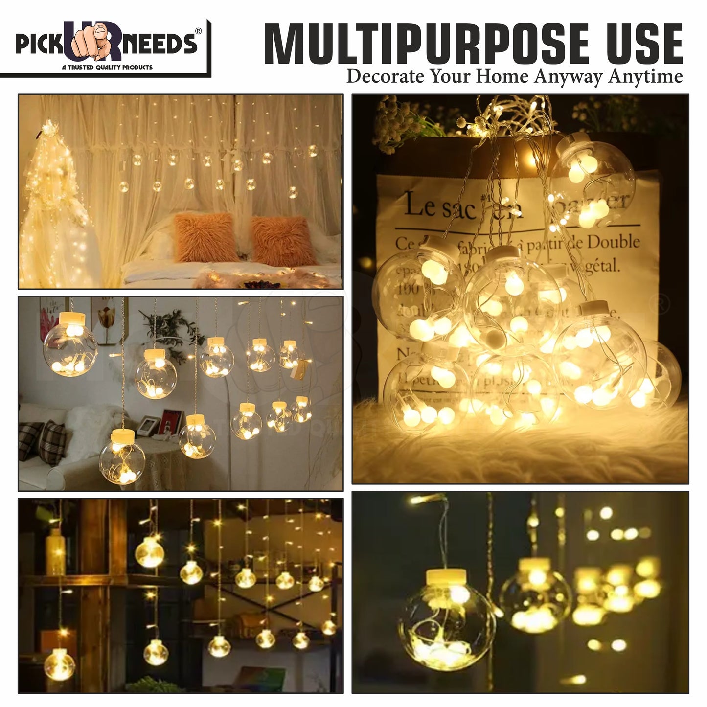 Pick Ur Needs Festival Decoration Ceiling Lamp 3 Metre 12 Wish Ball 120 LED Curtain String Light 8 Mode  (Warm White)