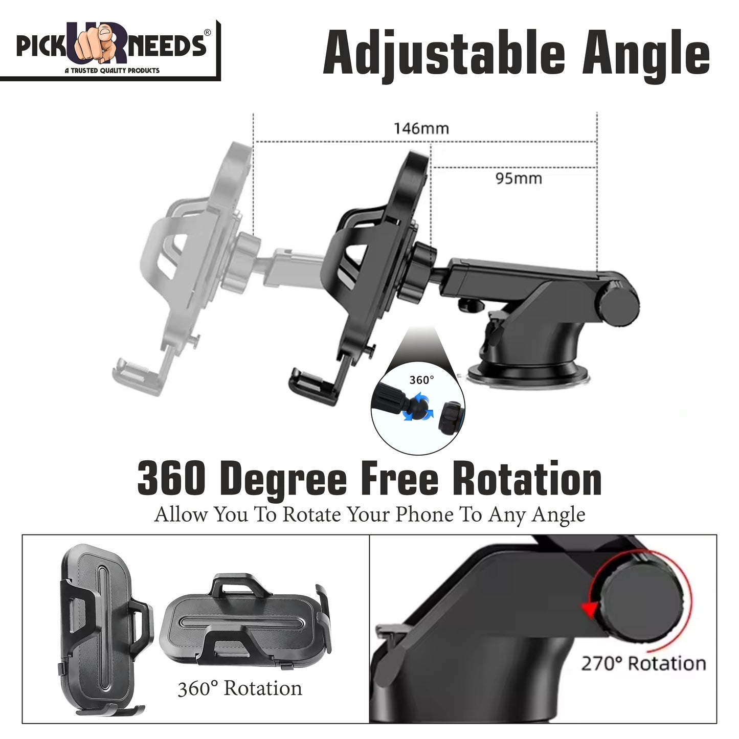 Pick Ur Needs Car Phone Holder With Extension Bracket 360 Degree Rotate Mobile Phone Stand