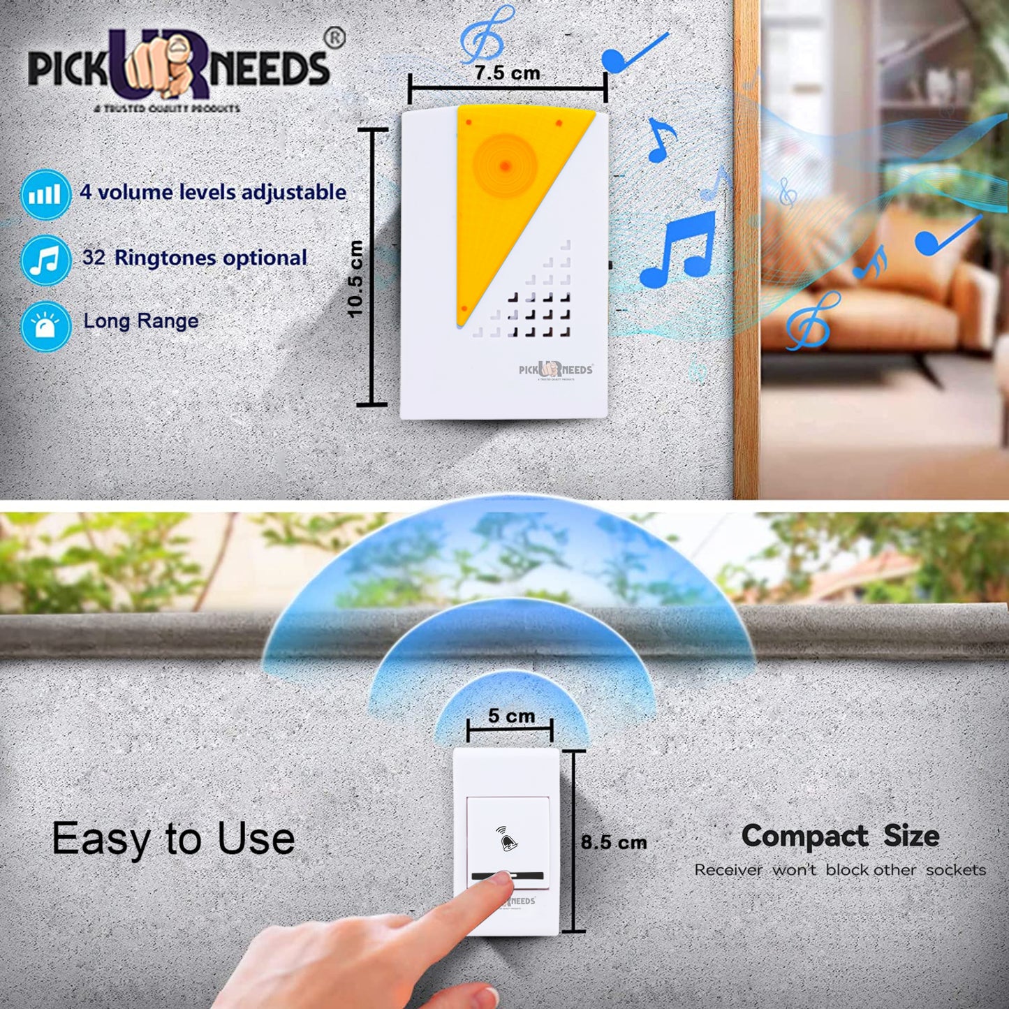 Pick Ur Needs Wireless Long Range Doorbell with Remote Push Button Adjustable Ringtones & Loud Chime 1000ft Range, Plug-in Receiver for Home, Office, Store, Apartment & More