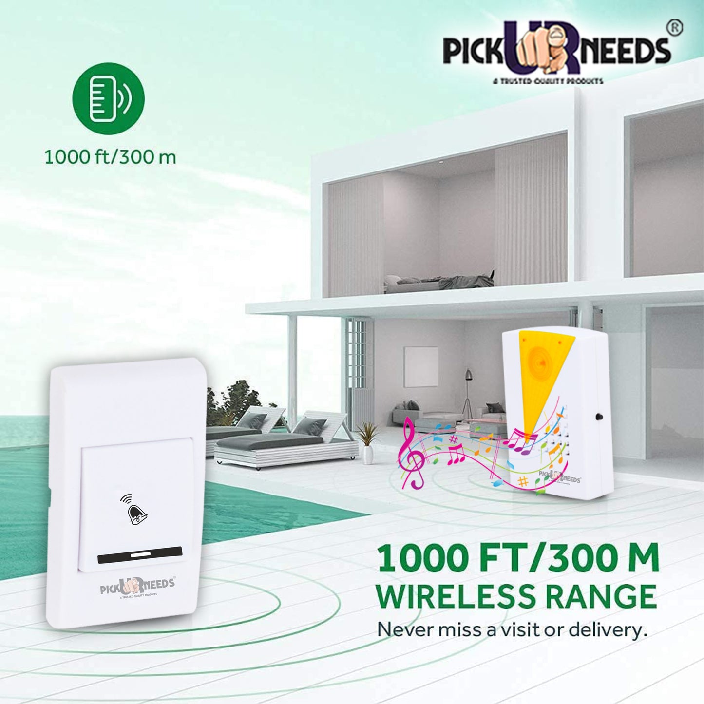 Pick Ur Needs Wireless Long Range Doorbell with Remote Push Button Adjustable Ringtones & Loud Chime 1000ft Range, Plug-in Receiver for Home, Office, Store, Apartment & More