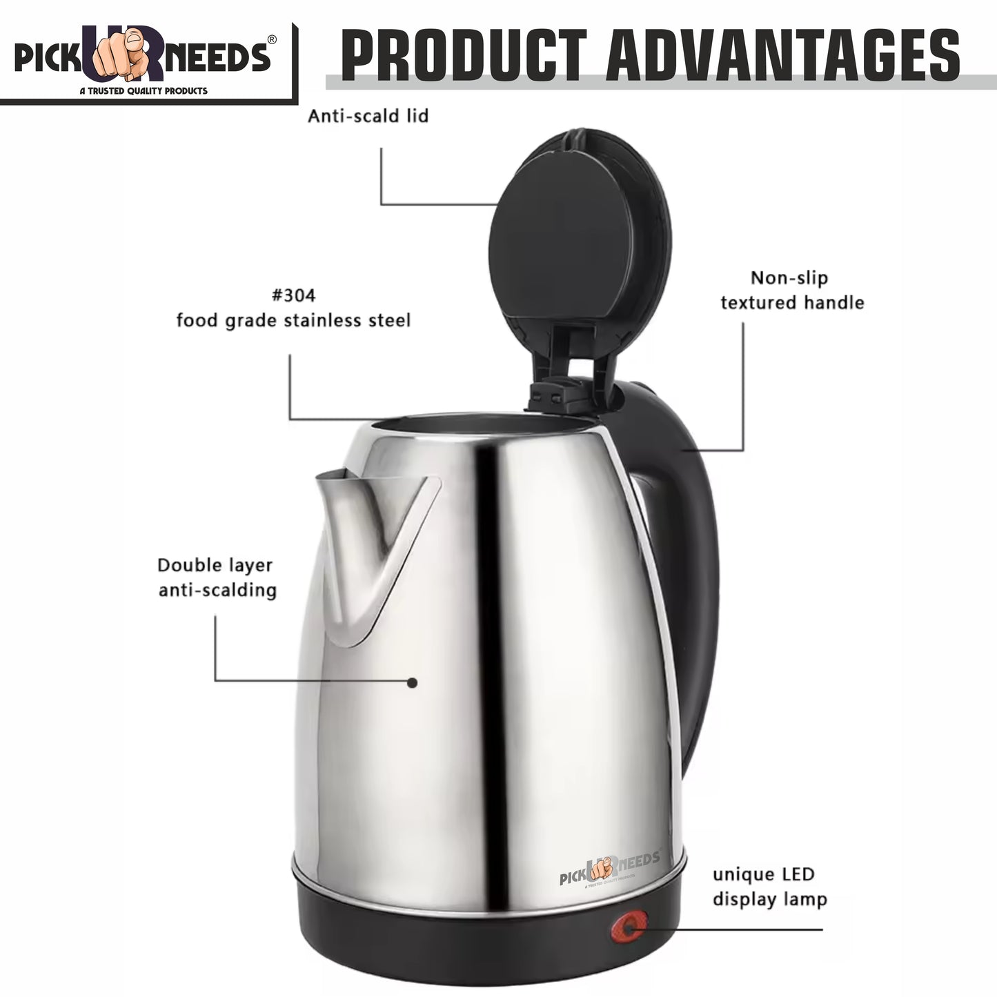 Pick Ur Needs Premium Stainless Steel Design Kettle 2000 Watt For Fast Boiling Tea/Coffee/Magggi Multi Cooking Electric Kettle (2 L, Black)